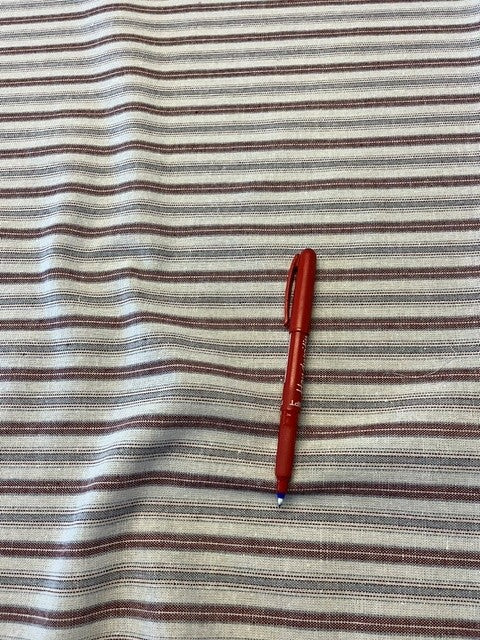 Burgundy and Pale Blue Woven Stripe Mid Weight. 30% Cotton 10% Rayon, 10% Linen 50% Polyester. 170g/m2, 145cm Wide Roll Size: 1.8m