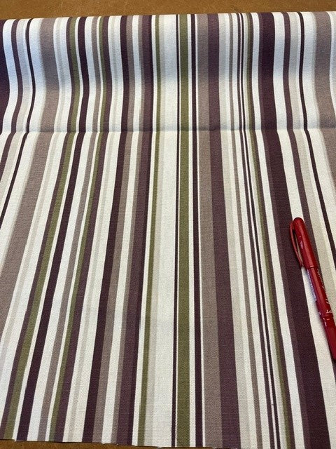 Aubergine and Green Stripe on Cotton, Furnishing. 100% Cotton, 200g/m2, 145cm Wide. Roll Size: 3m