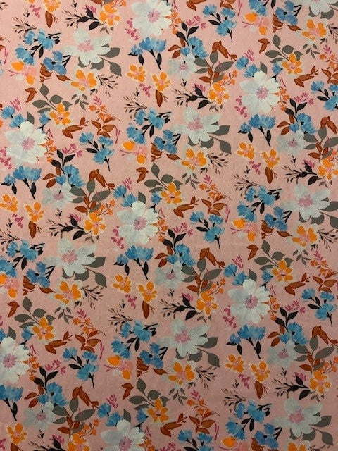 Pink, Blue & White Floral Cotton Lawn Lightweight 100% Cotton Fabric