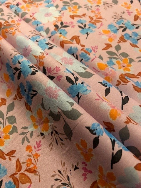 Pink, Blue & White Floral Cotton Lawn Lightweight 100% Cotton Fabric