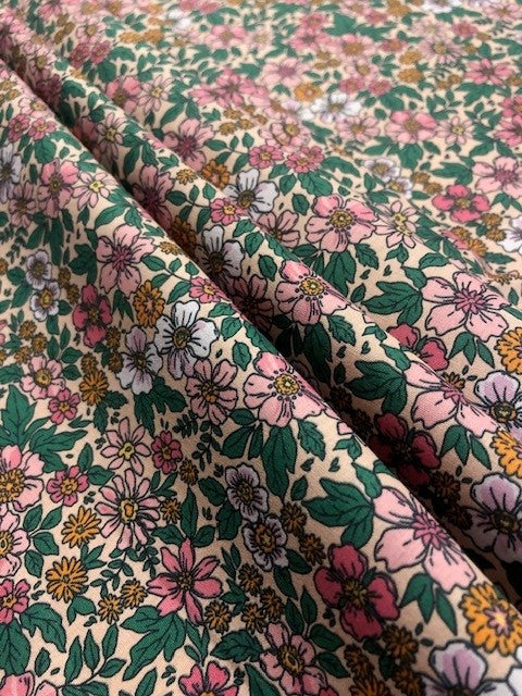Green and Pink Floral Cotton Lawn – Lightweight 100% Cotton Fabric