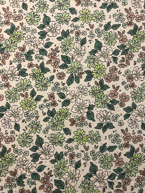 Green & Pink Floral Hand Drawn Design – Lightweight Cotton Lawn Fabric (100% Cotton)