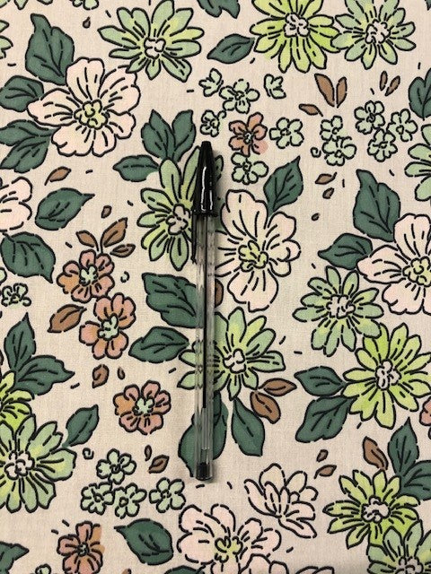 Green & Pink Floral Hand Drawn Design – Lightweight Cotton Lawn Fabric (100% Cotton)