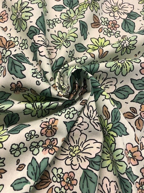 Green & Pink Floral Hand Drawn Design – Lightweight Cotton Lawn Fabric (100% Cotton)