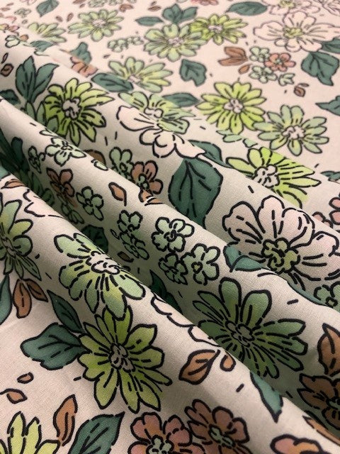 Green & Pink Floral Hand Drawn Design – Lightweight Cotton Lawn Fabric (100% Cotton)