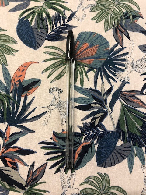 Blue Green & Peach Leaves with Pencil Birds on Ivory Cotton Lawn