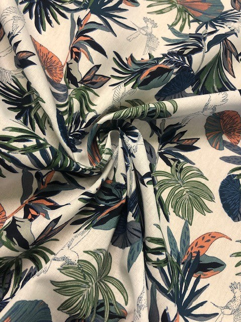 Blue Green & Peach Leaves with Pencil Birds on Ivory Cotton Lawn