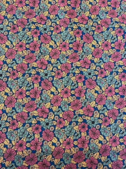 Pink & Blue Floral Cotton Lawn Fabric 145cm – Lightweight Floral Dress Fabric on Deep Blue Base