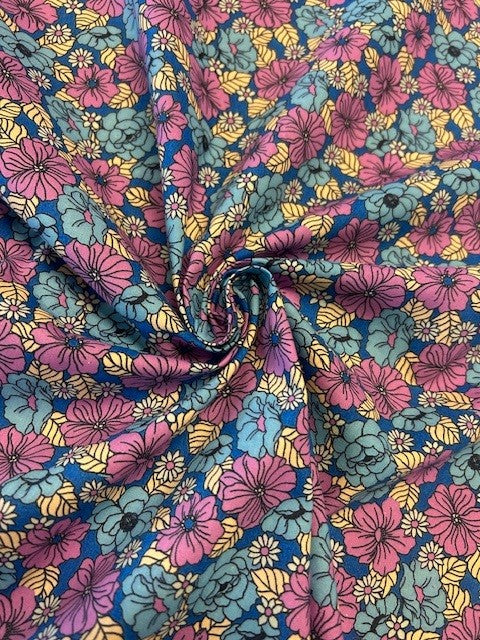 Pink & Blue Floral Cotton Lawn Fabric 145cm – Lightweight Floral Dress Fabric on Deep Blue Base