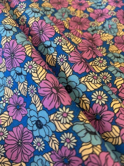 Pink & Blue Floral Cotton Lawn Fabric 145cm – Lightweight Floral Dress Fabric on Deep Blue Base