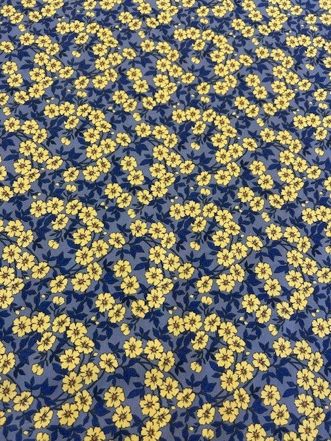 Yellow Floral Cotton Lawn Fabric – Cornflower Blue Base | 100% Cotton | 145cm Wide