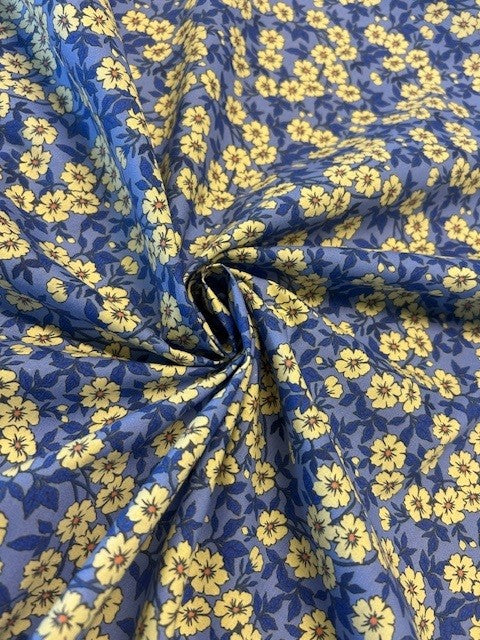 Yellow Floral Cotton Lawn Fabric – Cornflower Blue Base | 100% Cotton | 145cm Wide
