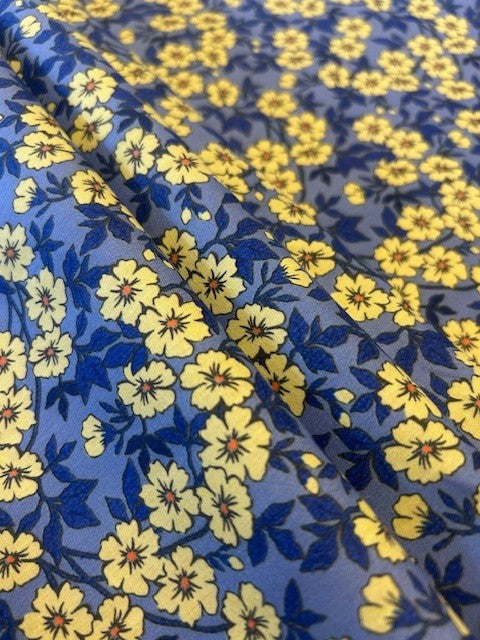 Yellow Floral Cotton Lawn Fabric – Cornflower Blue Base | 100% Cotton | 145cm Wide