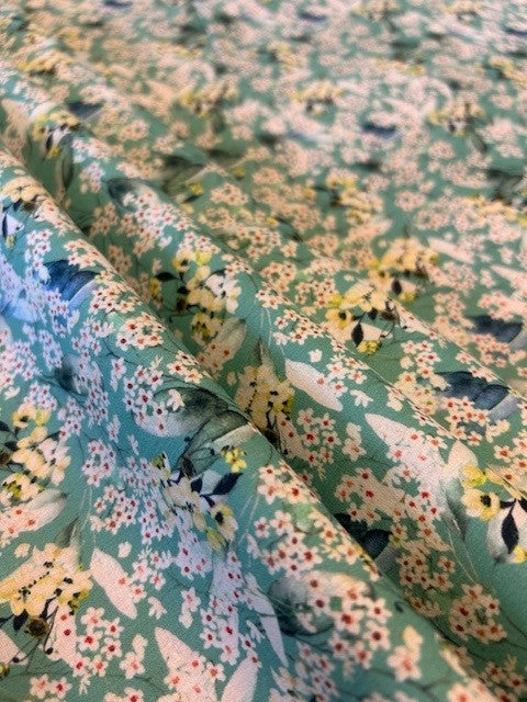 Enigmatic Floral Cotton Lawn Fabric – Sea Green Base | 100% Cotton | 145cm Wide