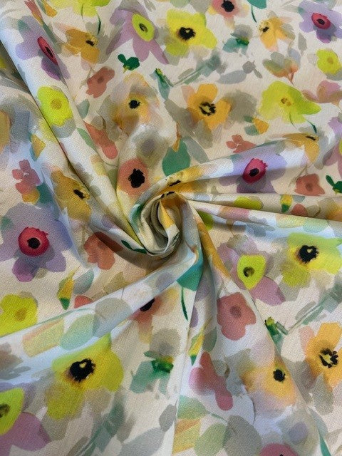 Watercolour Pansy Cotton Lawn Fabric – White Base | 100% Cotton | 145cm Wide