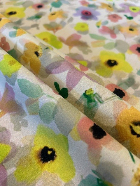 Watercolour Pansy Cotton Lawn Fabric – White Base | 100% Cotton | 145cm Wide