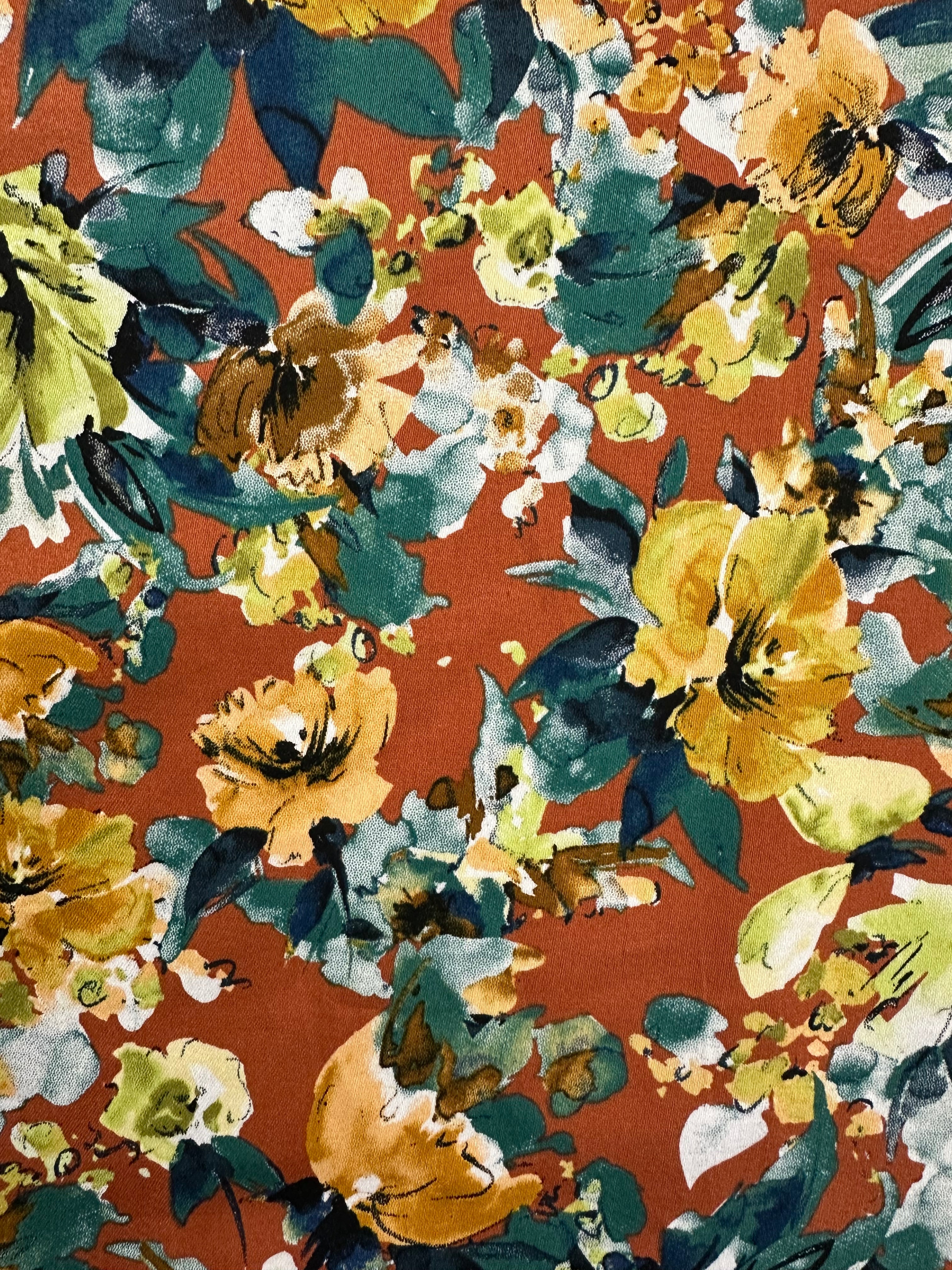 Stretch Cotton Fabric – Ochre Terracotta Floral Print – 145 cm Wide