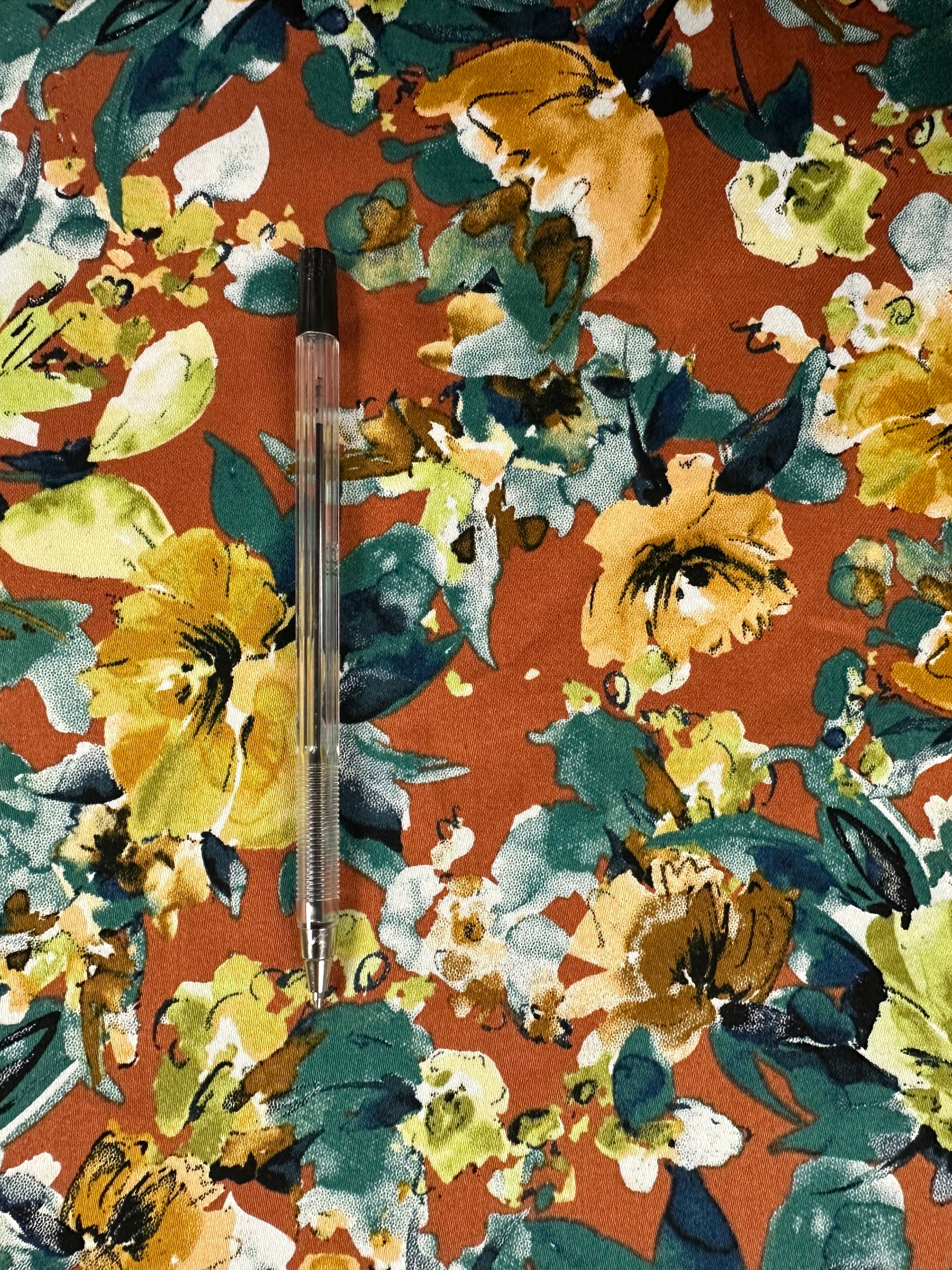 Stretch Cotton Fabric – Ochre Terracotta Floral Print – 145 cm Wide