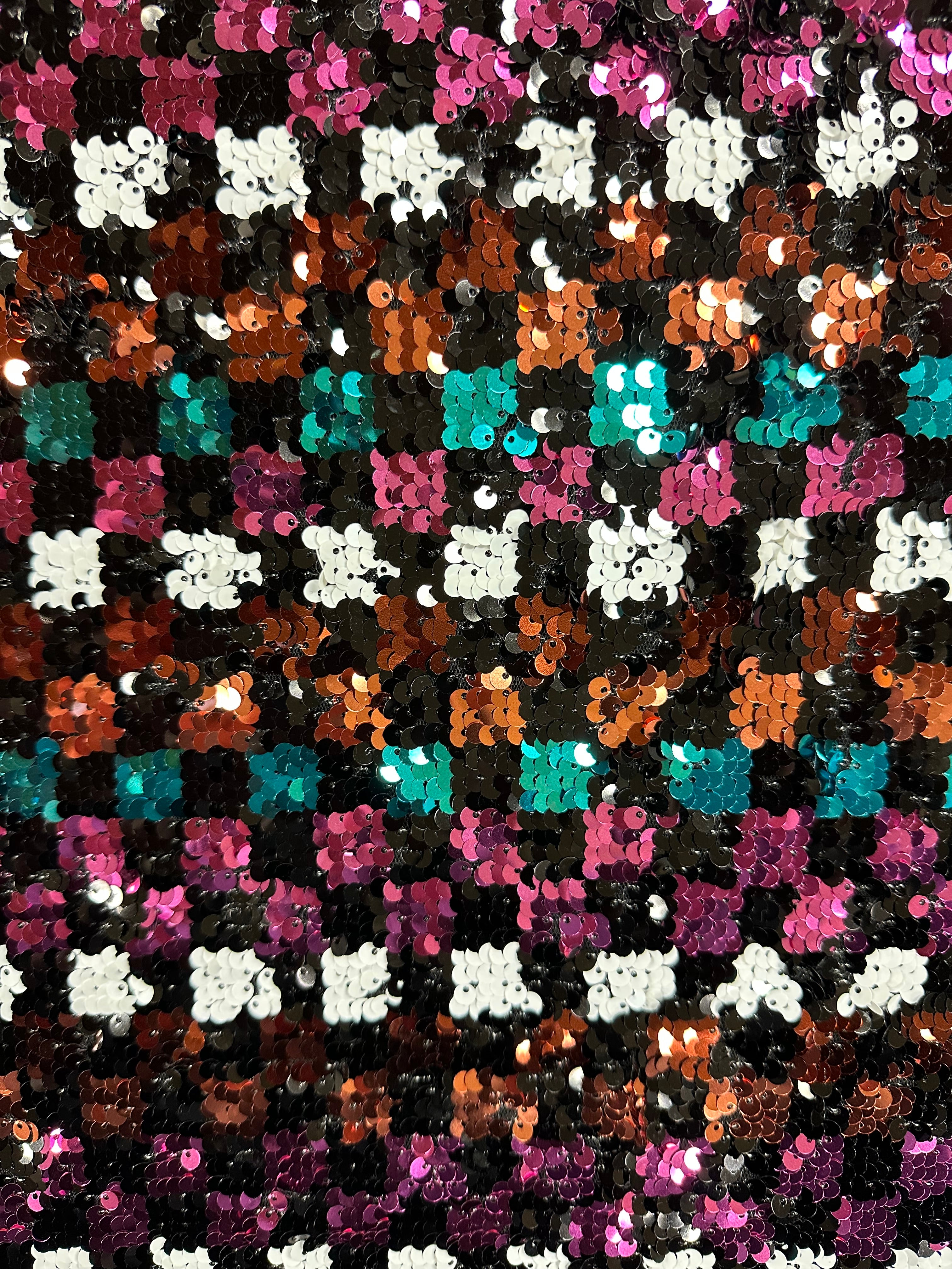 Heavily Sequinned Fashion Fabric – Stylised Squares in Pink, White, Black, Turquoise & Orange XN240