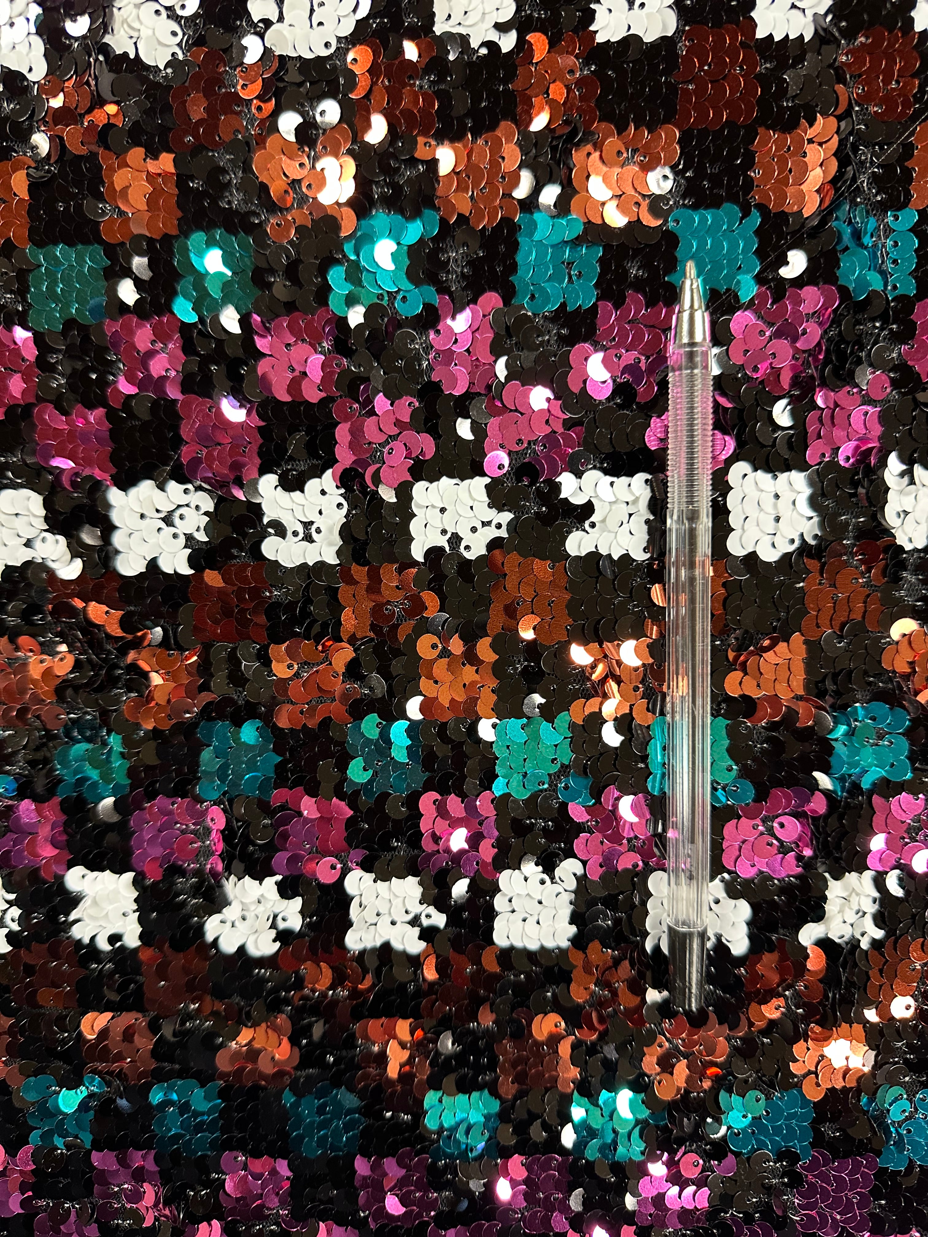 Heavily Sequinned Fashion Fabric – Stylised Squares in Pink, White, Black, Turquoise & Orange XN240