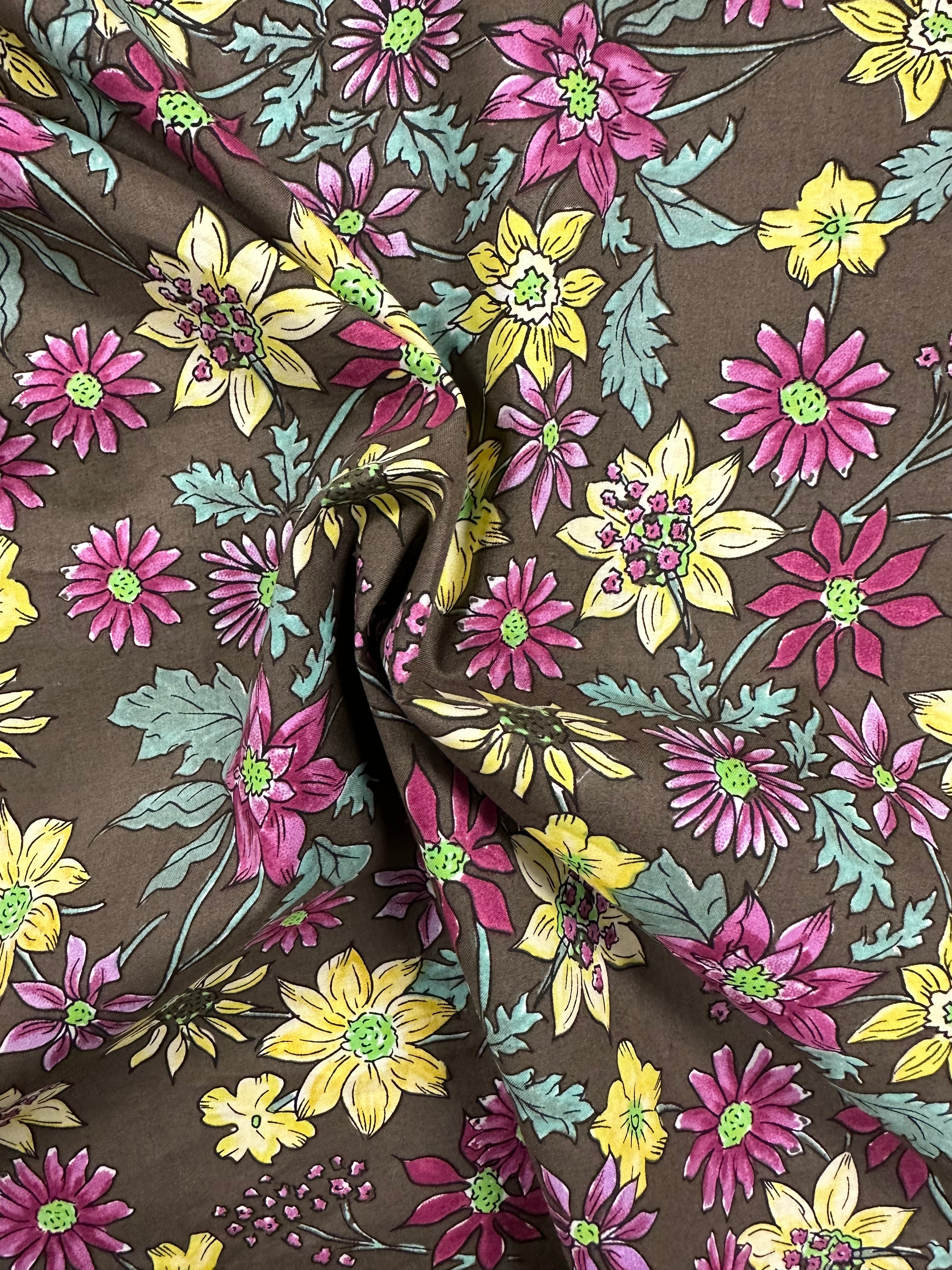 100% Cotton Fabric – Brown Base with Colourful Garden Floral Print – 144 cm Wide