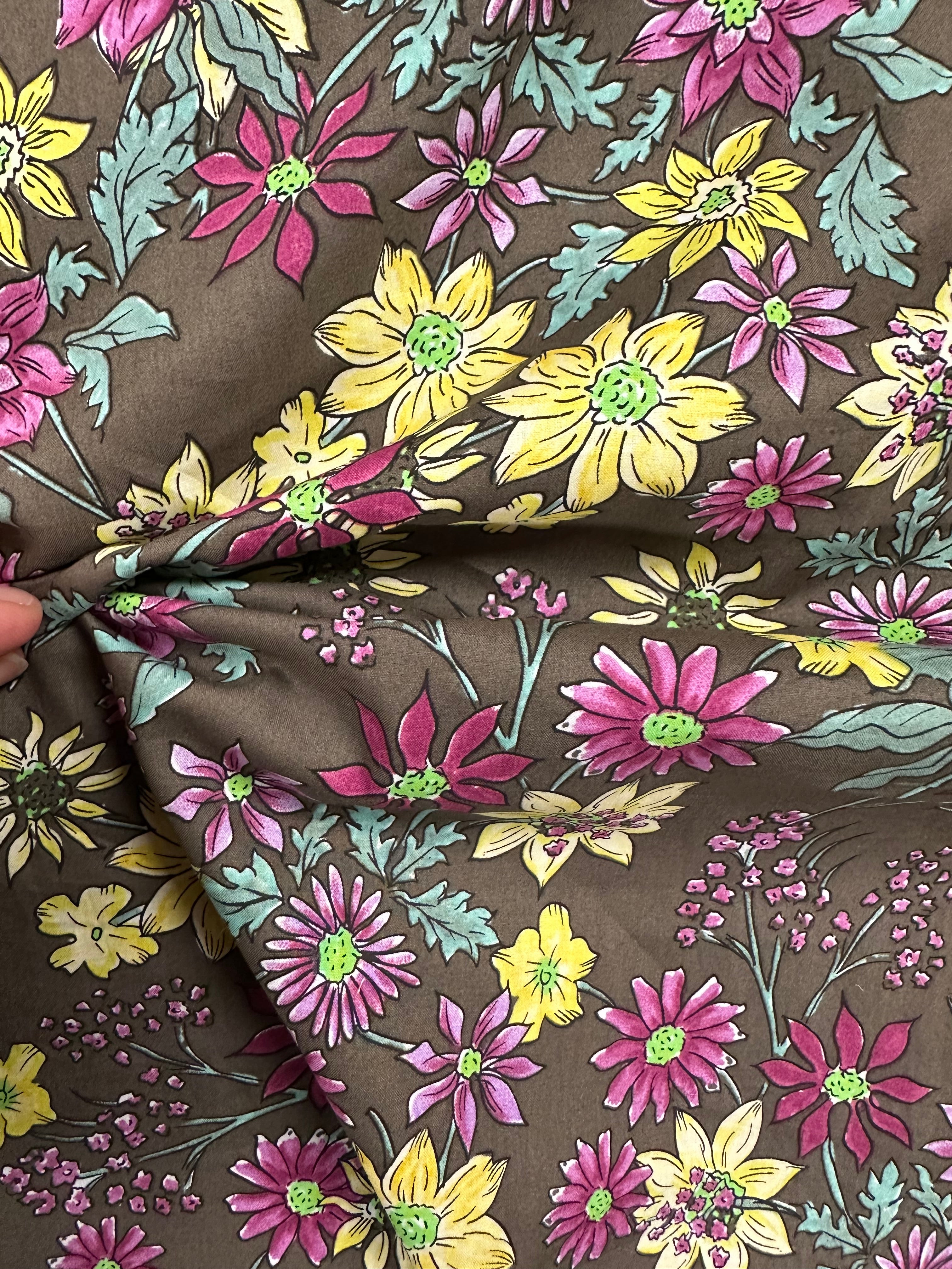 100% Cotton Fabric – Brown Base with Colourful Garden Floral Print – 144 cm Wide