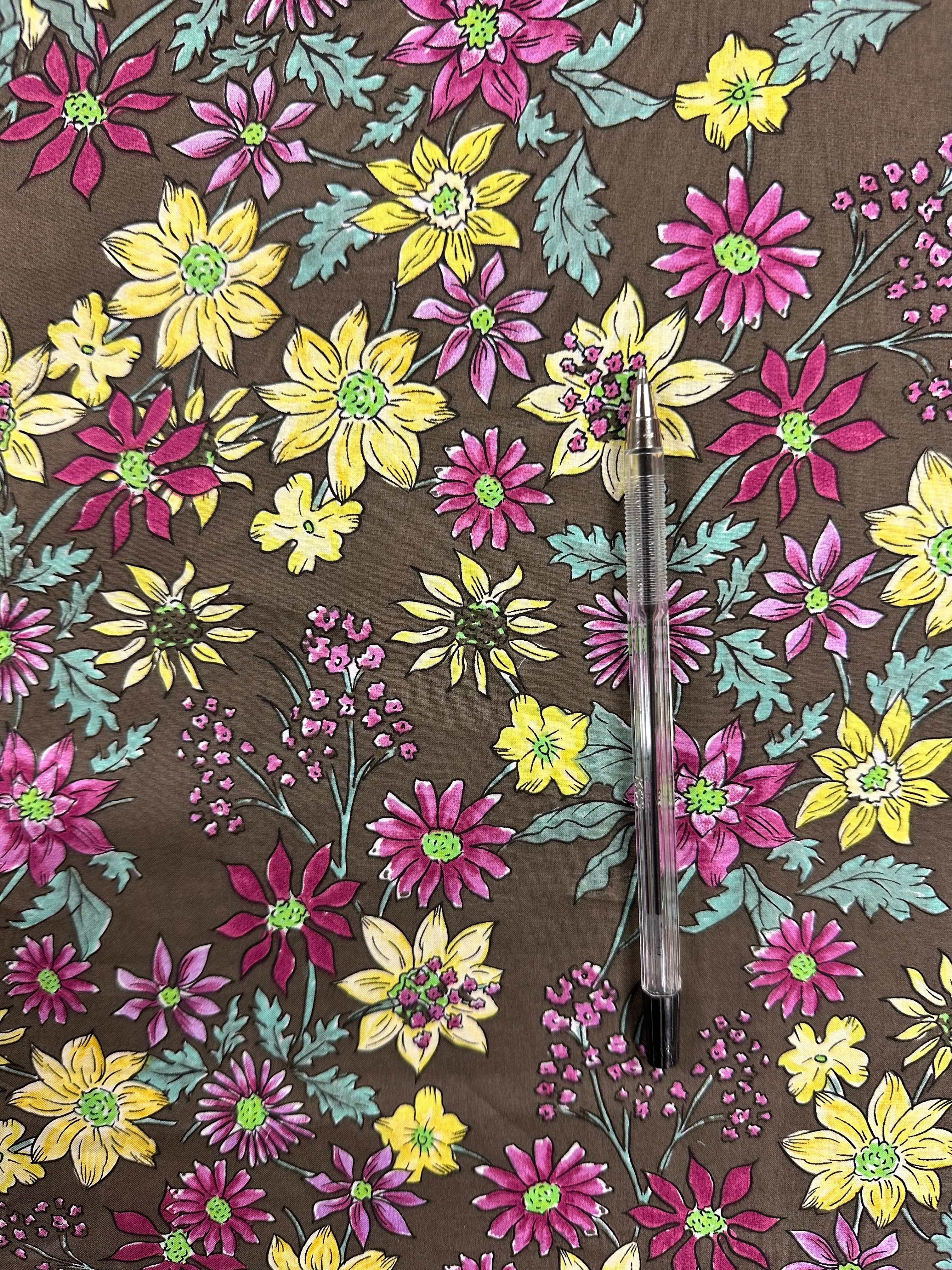 100% Cotton Fabric – Brown Base with Colourful Garden Floral Print – 144 cm Wide