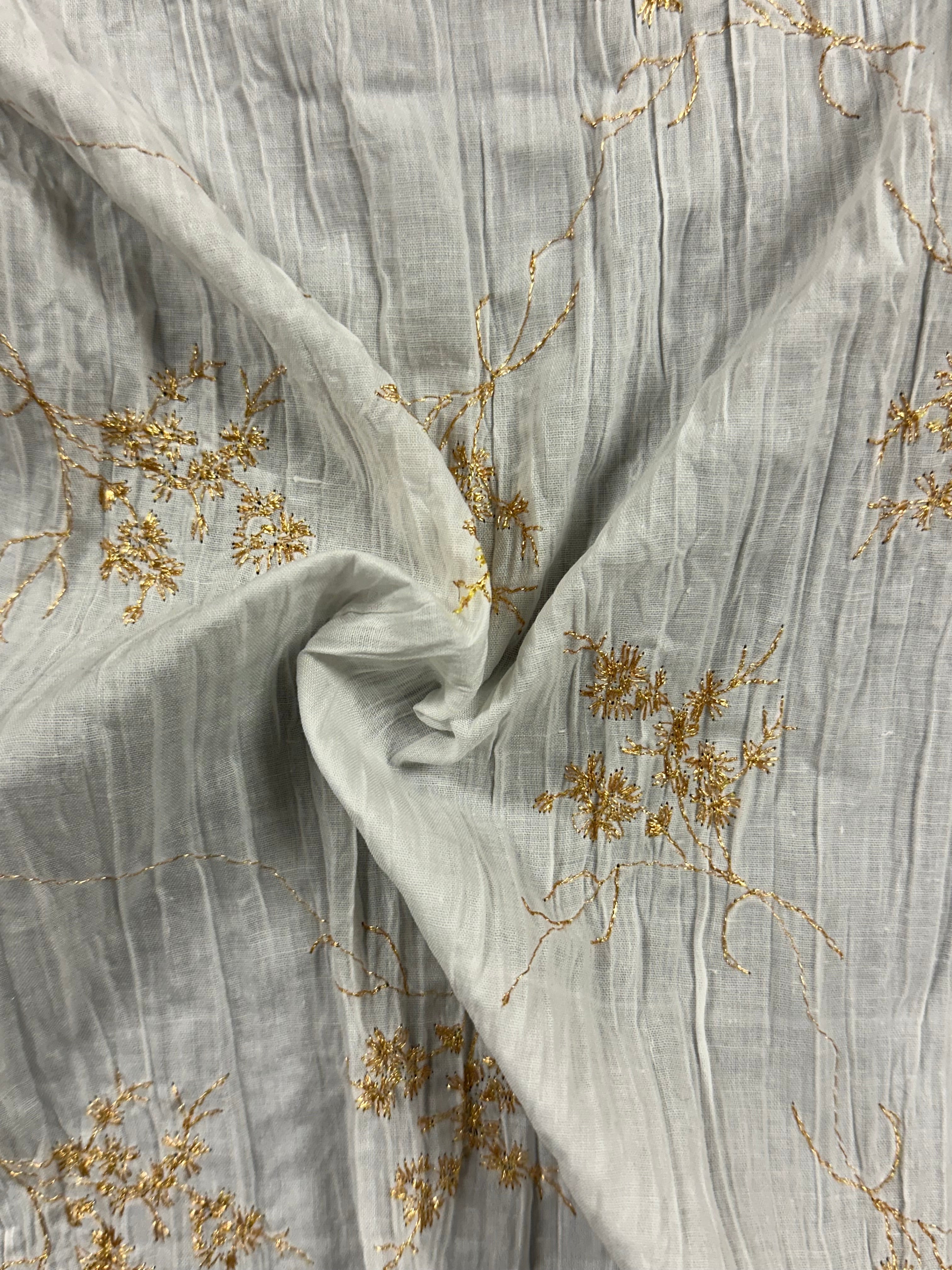 Gold Embroidered White Fabric – 70% Polyester, 30% Cotton, 120cm Wide