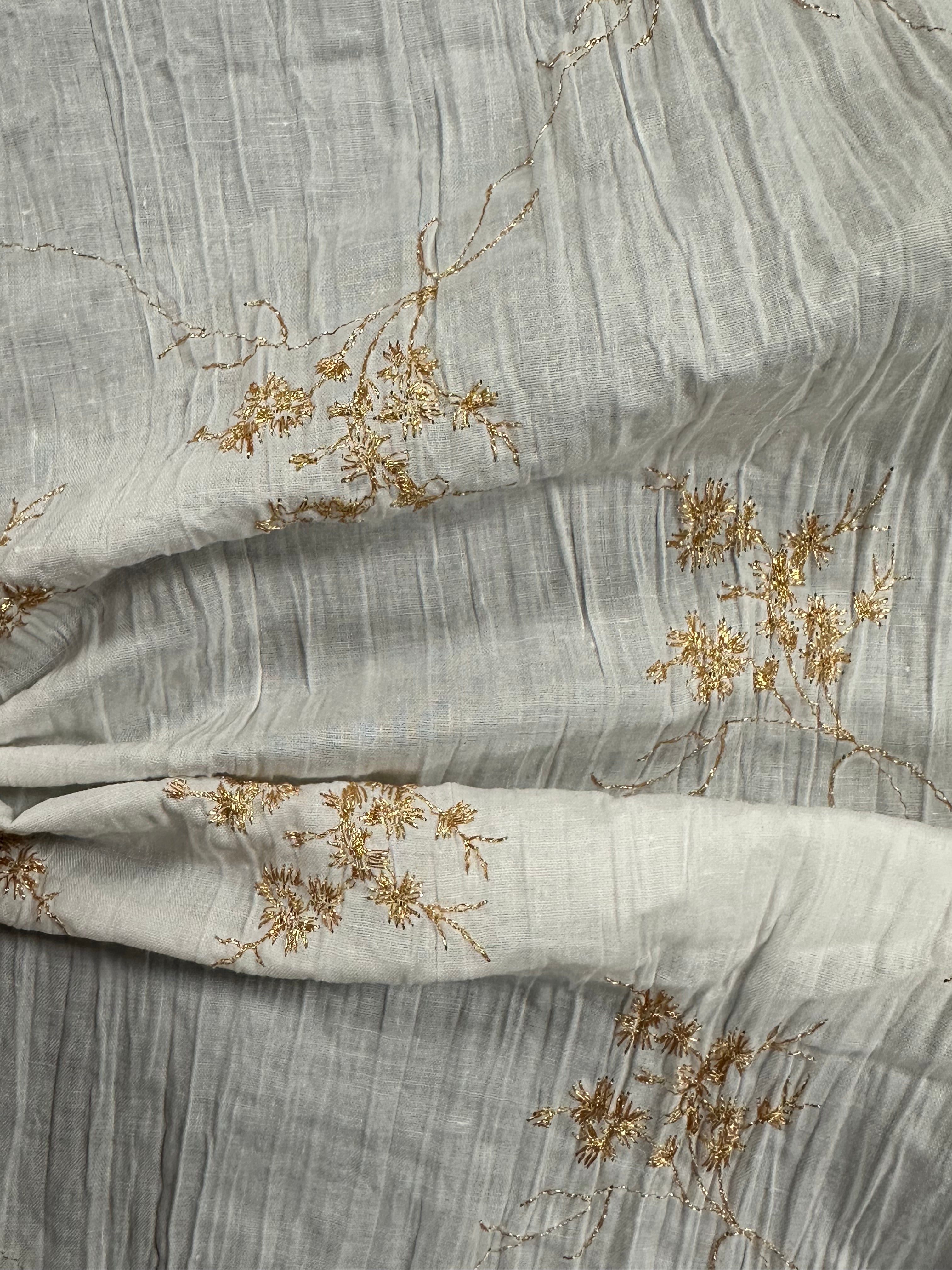 Gold Embroidered White Fabric – 70% Polyester, 30% Cotton, 120cm Wide