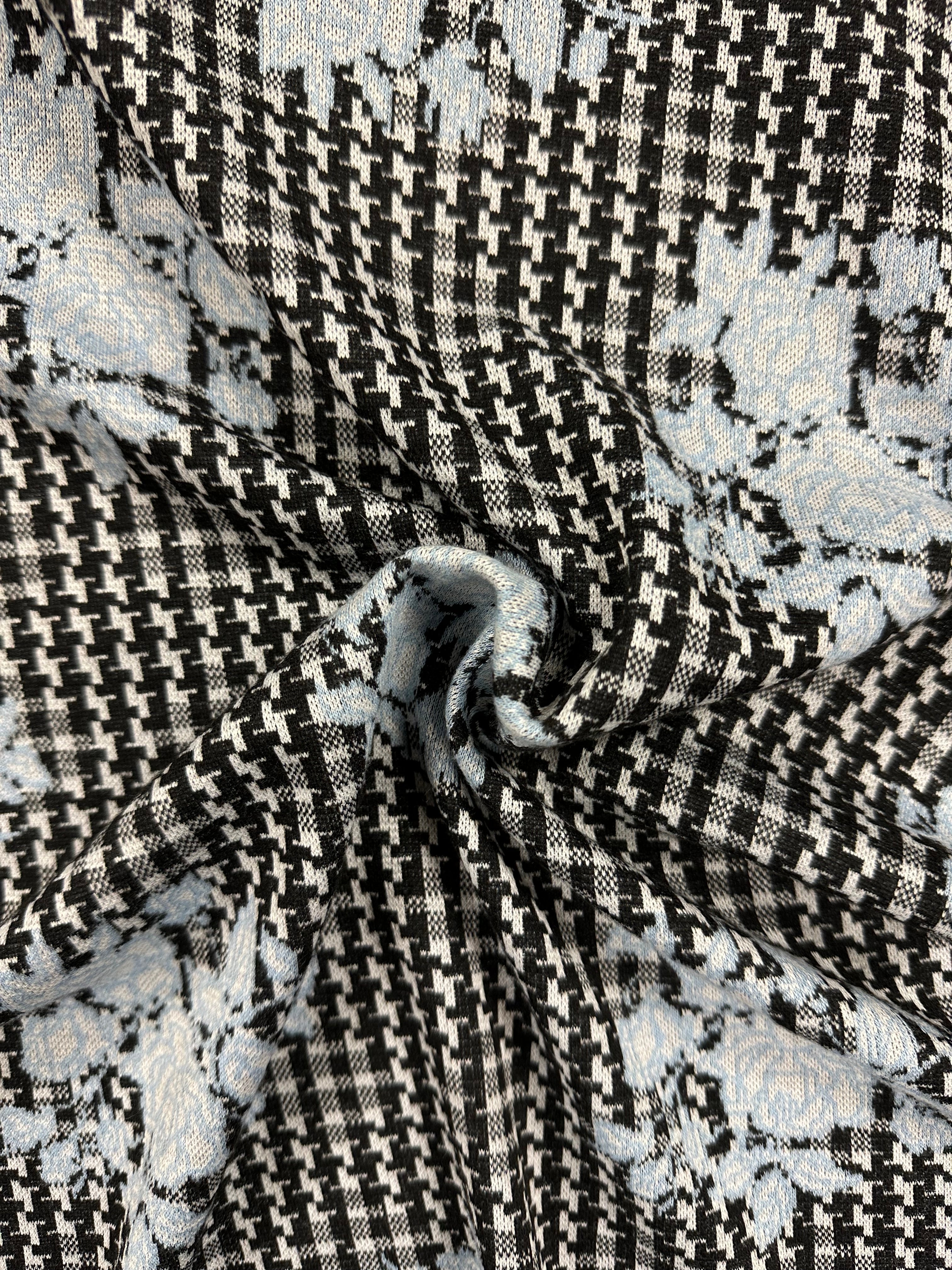 Contemporary Houndstooth Floral Fabric – Black & White – 150 cm Wide