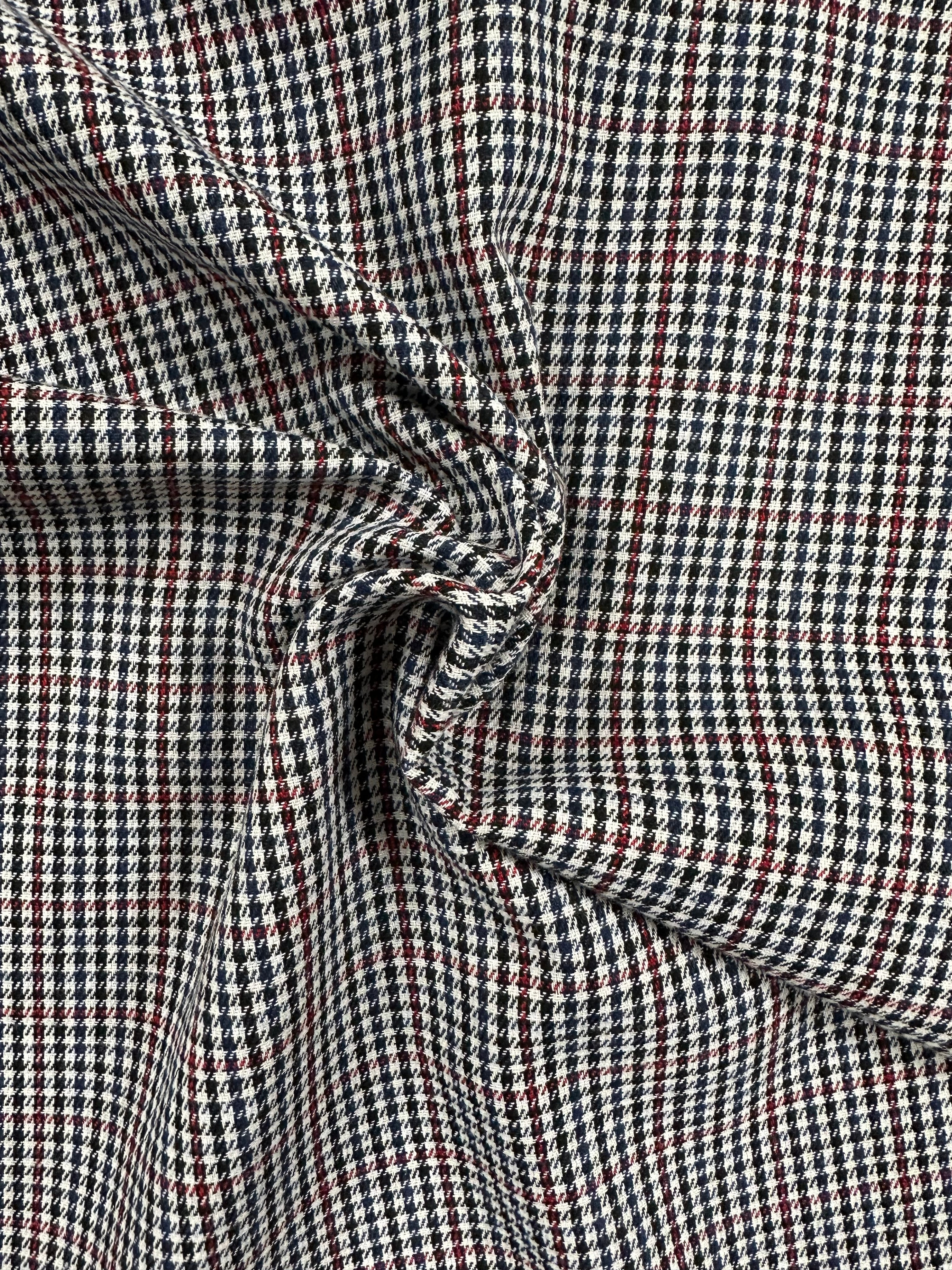 Polyester-Viscose Houndstooth Fabric – Black & Cream with Cherry Red