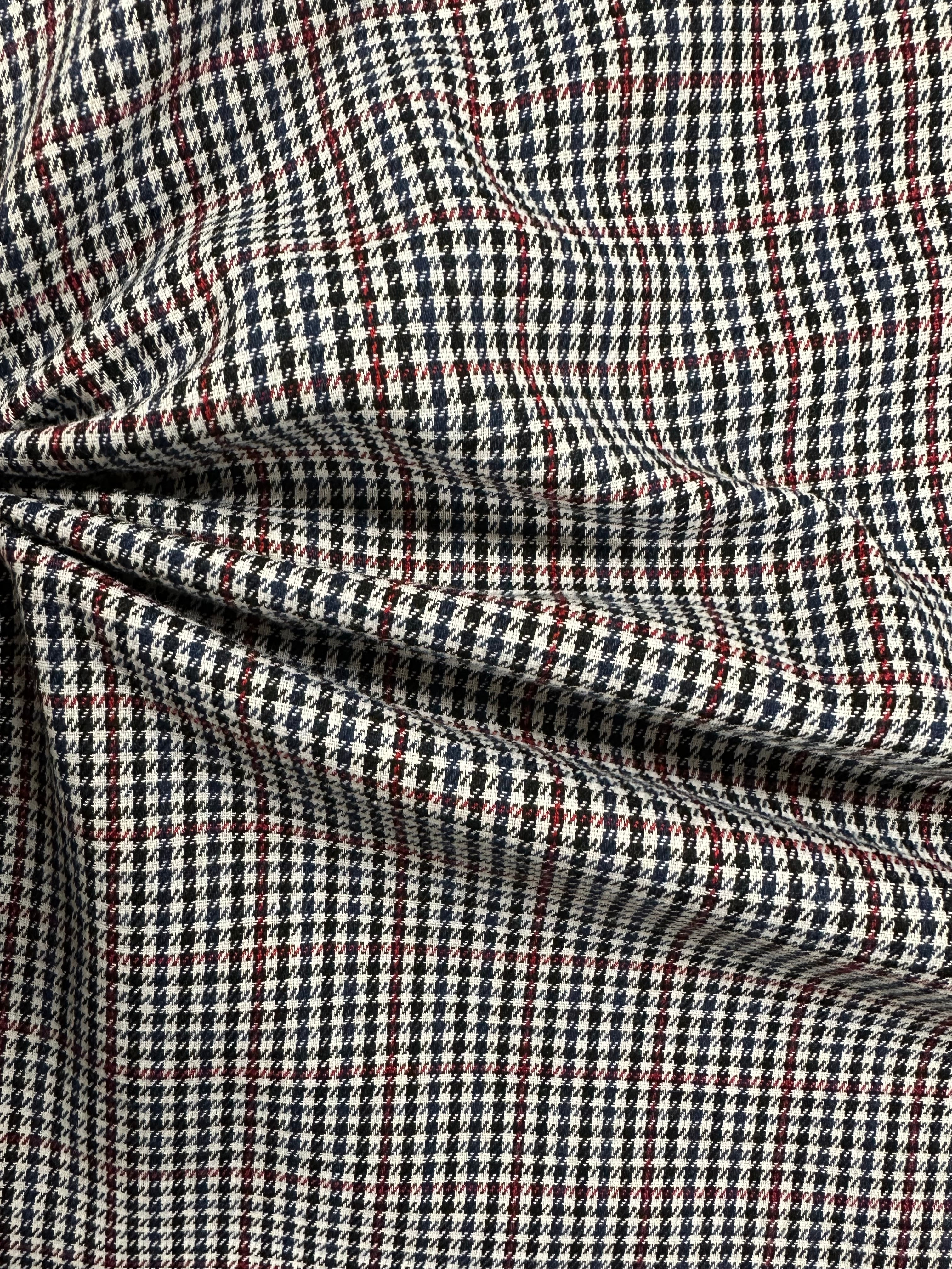 Polyester-Viscose Houndstooth Fabric – Black & Cream with Cherry Red