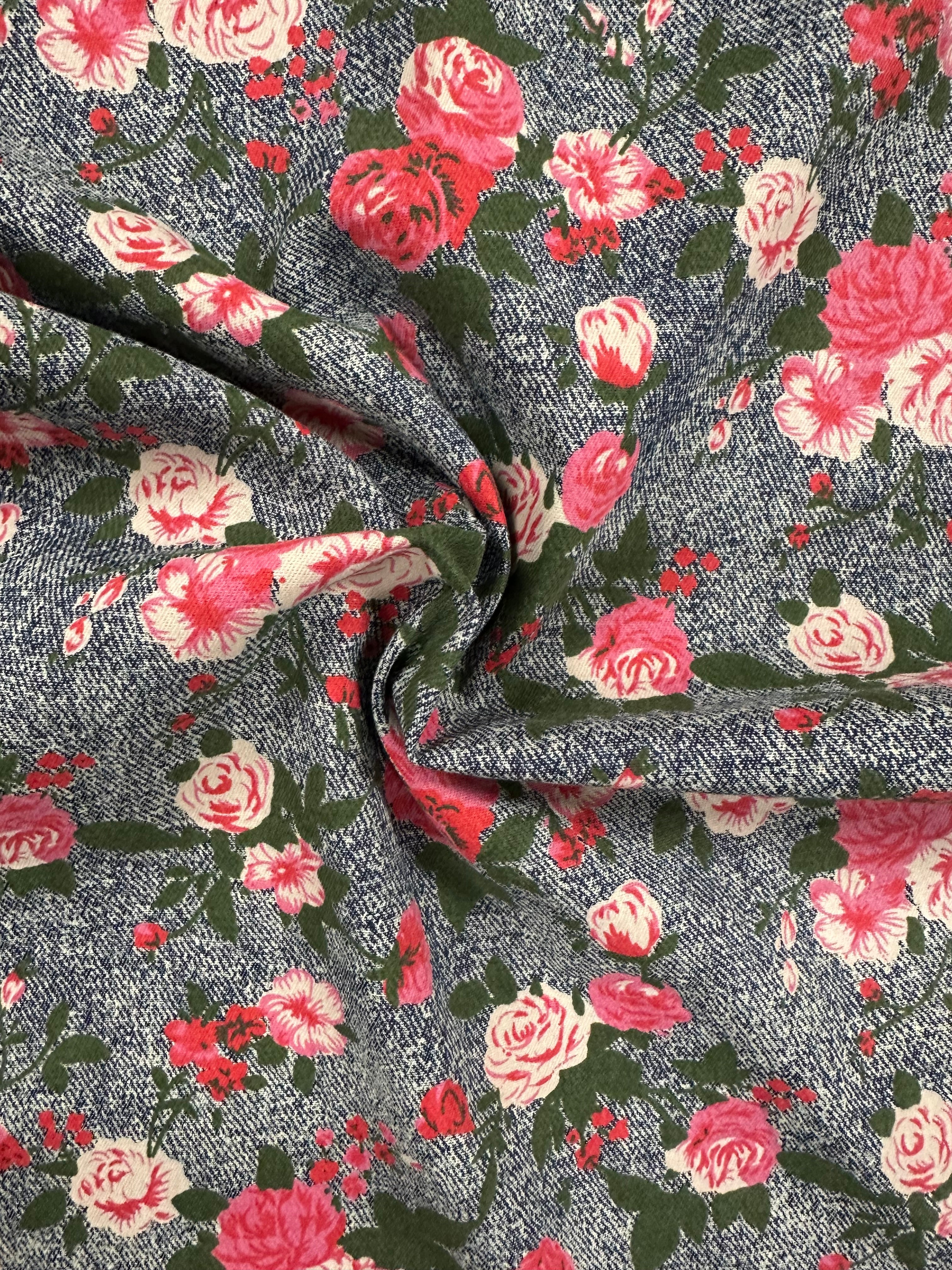 100% Cotton Mock Denim Fabric – Pink Floral with Green Leaves – 143 cm Wide AW306
