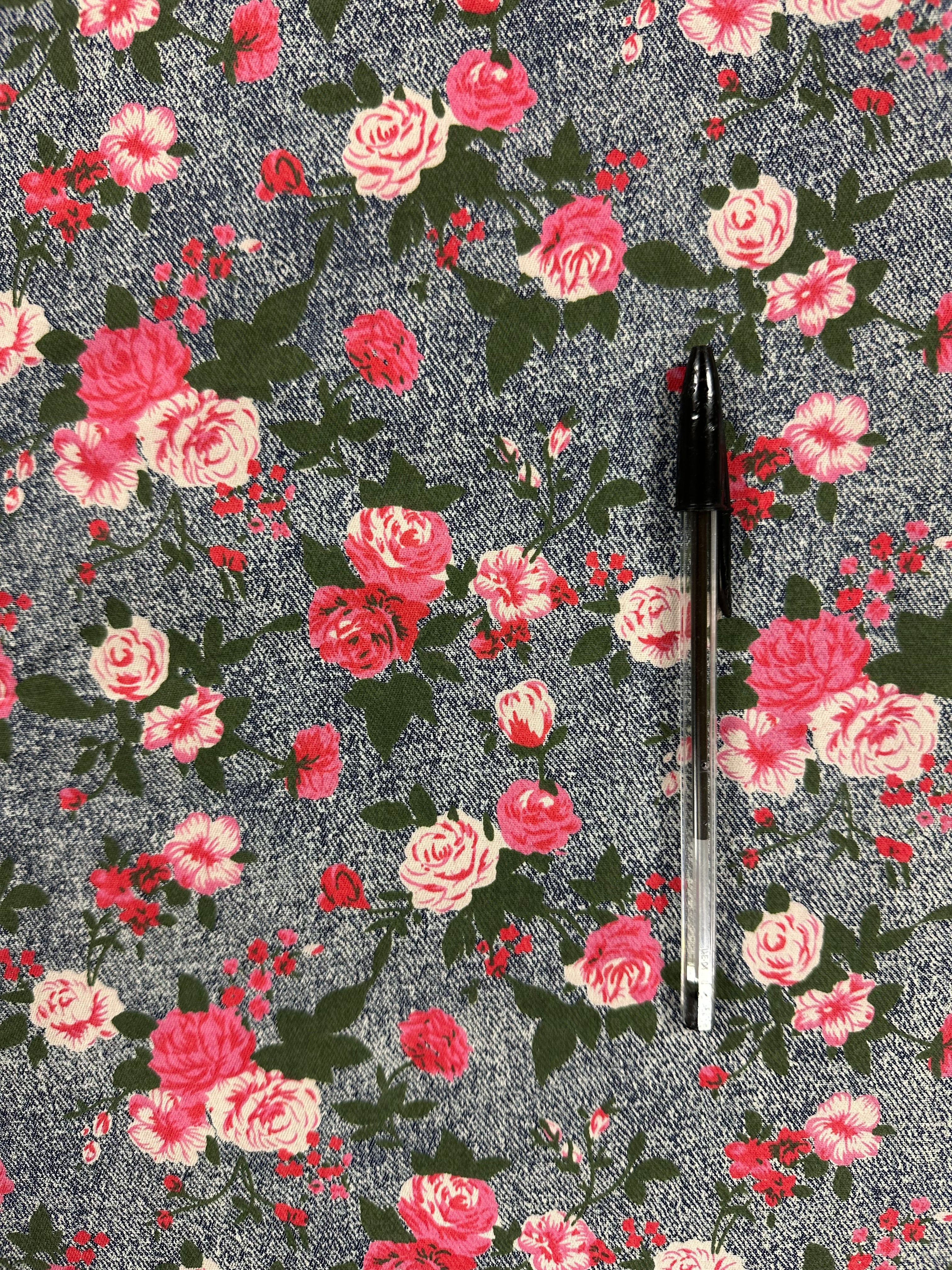 100% Cotton Mock Denim Fabric – Pink Floral with Green Leaves – 143 cm Wide AW306