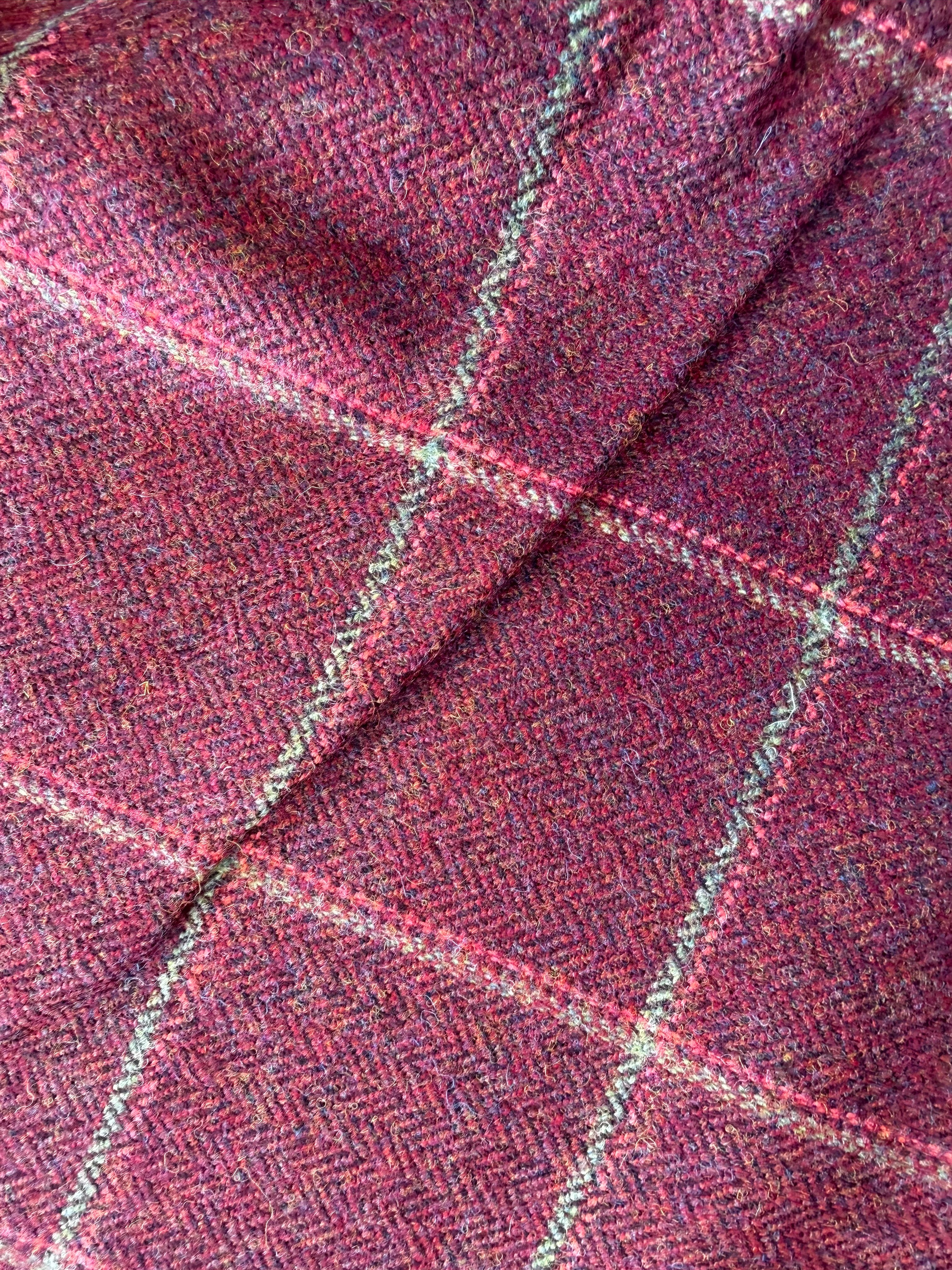 Burgundy Wool Tweed Fabric with Scarlet & Green Plaid – 100% Wool Roll Size: 2.2m