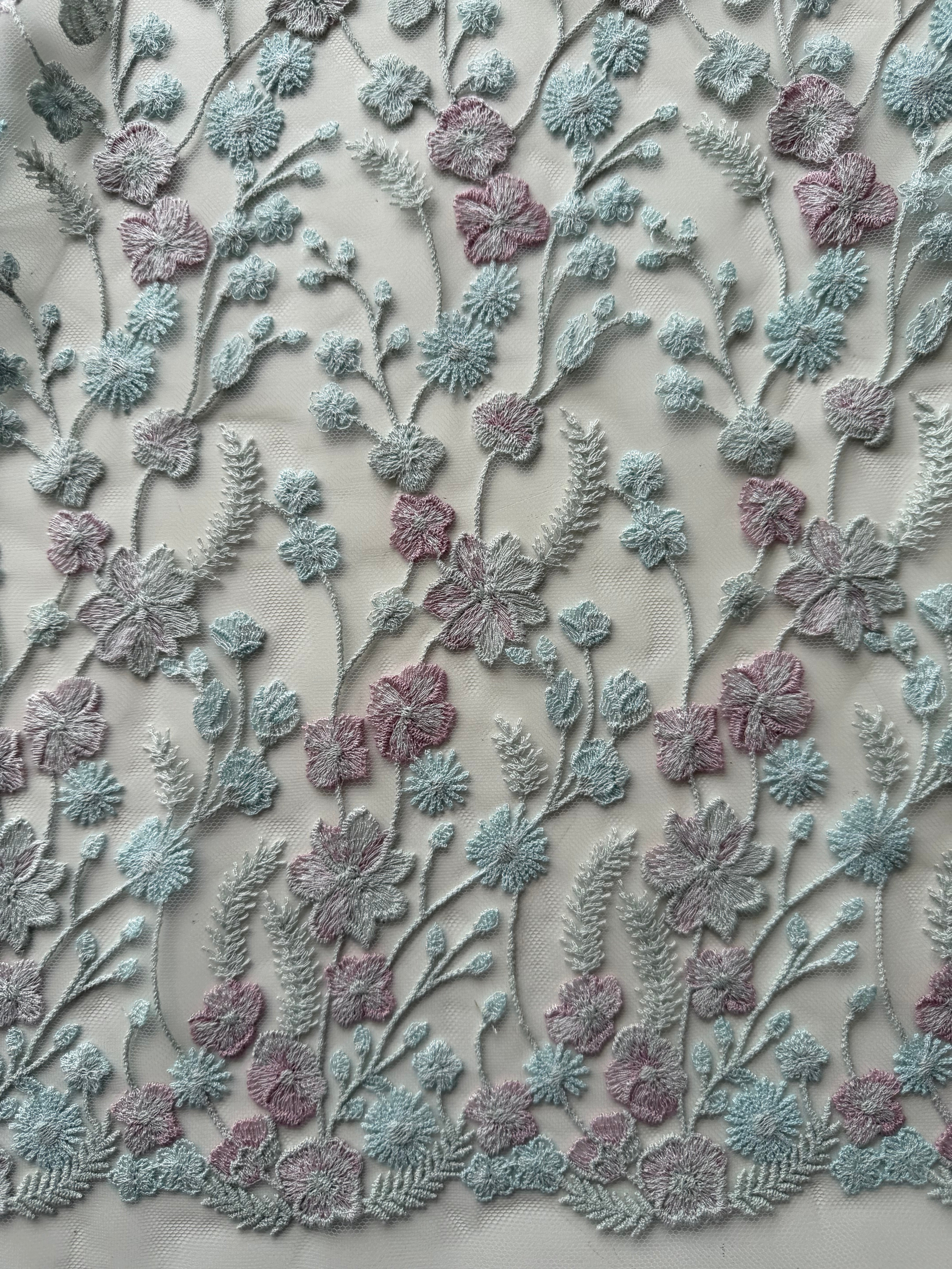 Blue Blossom Embroidered Tulle Lace Remnant – 2.8 Metres x 132cm