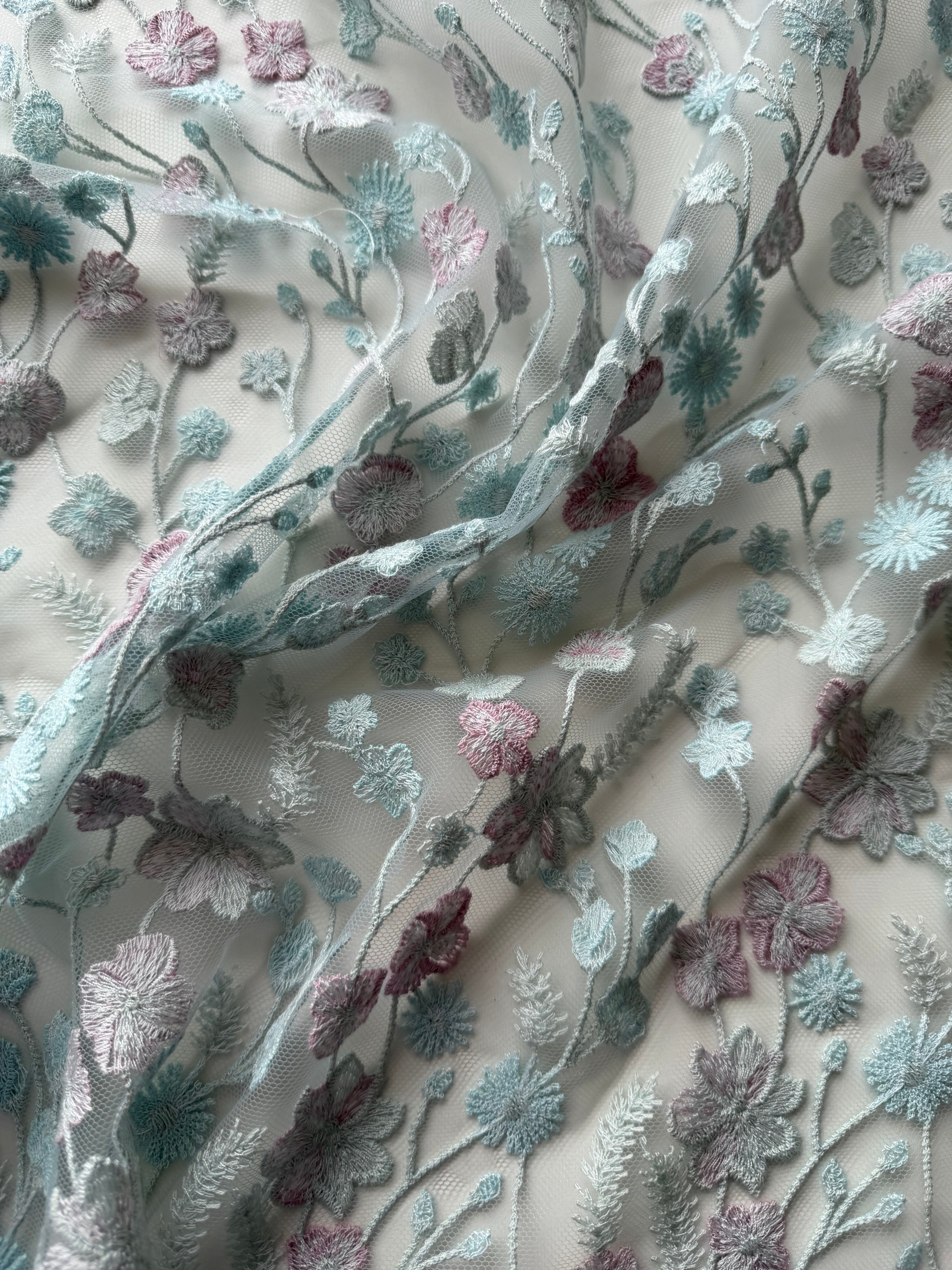 Blue Blossom Embroidered Tulle Lace Remnant – 2.8 Metres x 132cm