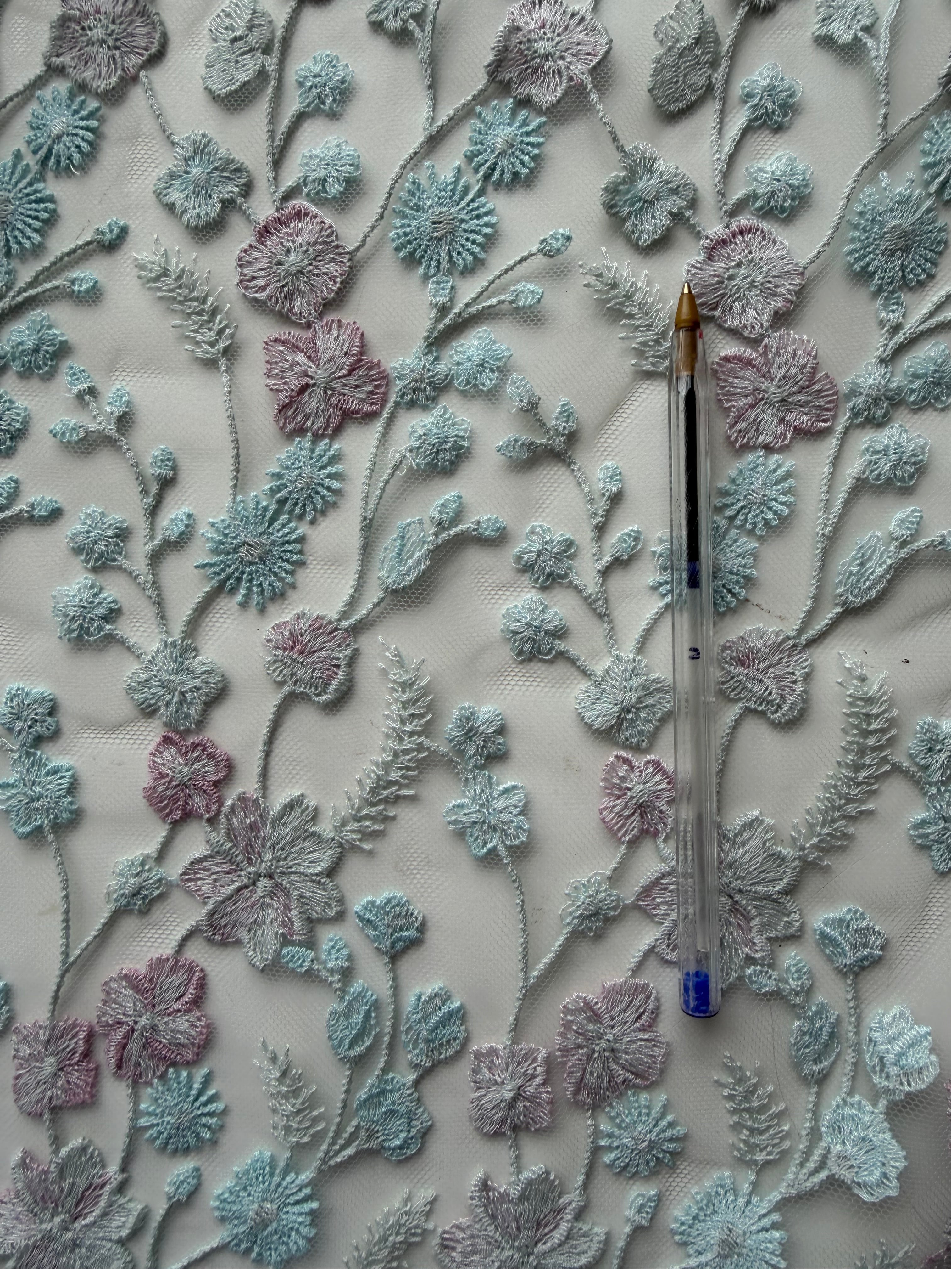 Blue Blossom Embroidered Tulle Lace Remnant – 2.8 Metres x 132cm