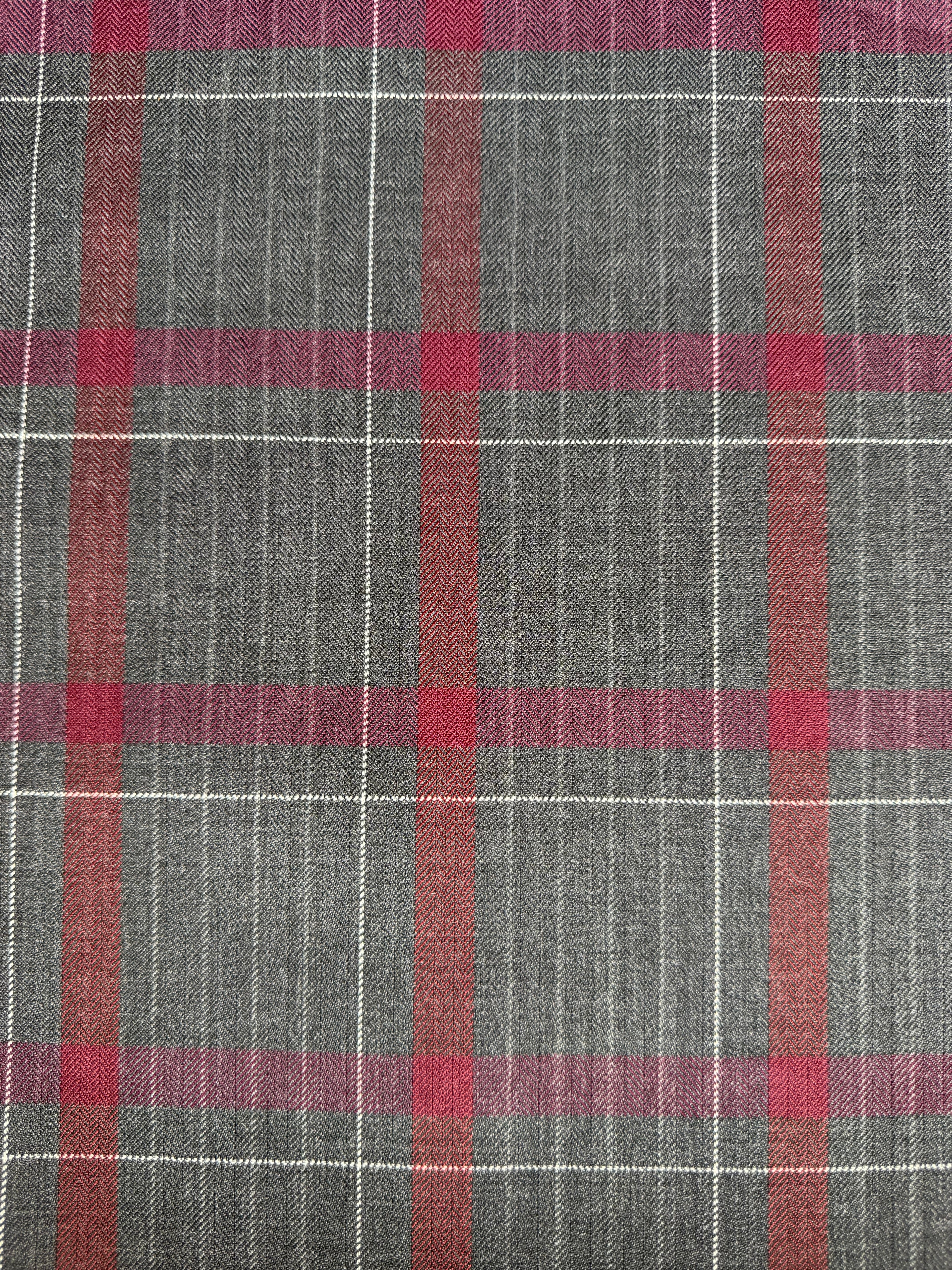 Charcoal Grey & Burgundy Wool Blend Tartan Fabric – 150cm Wide