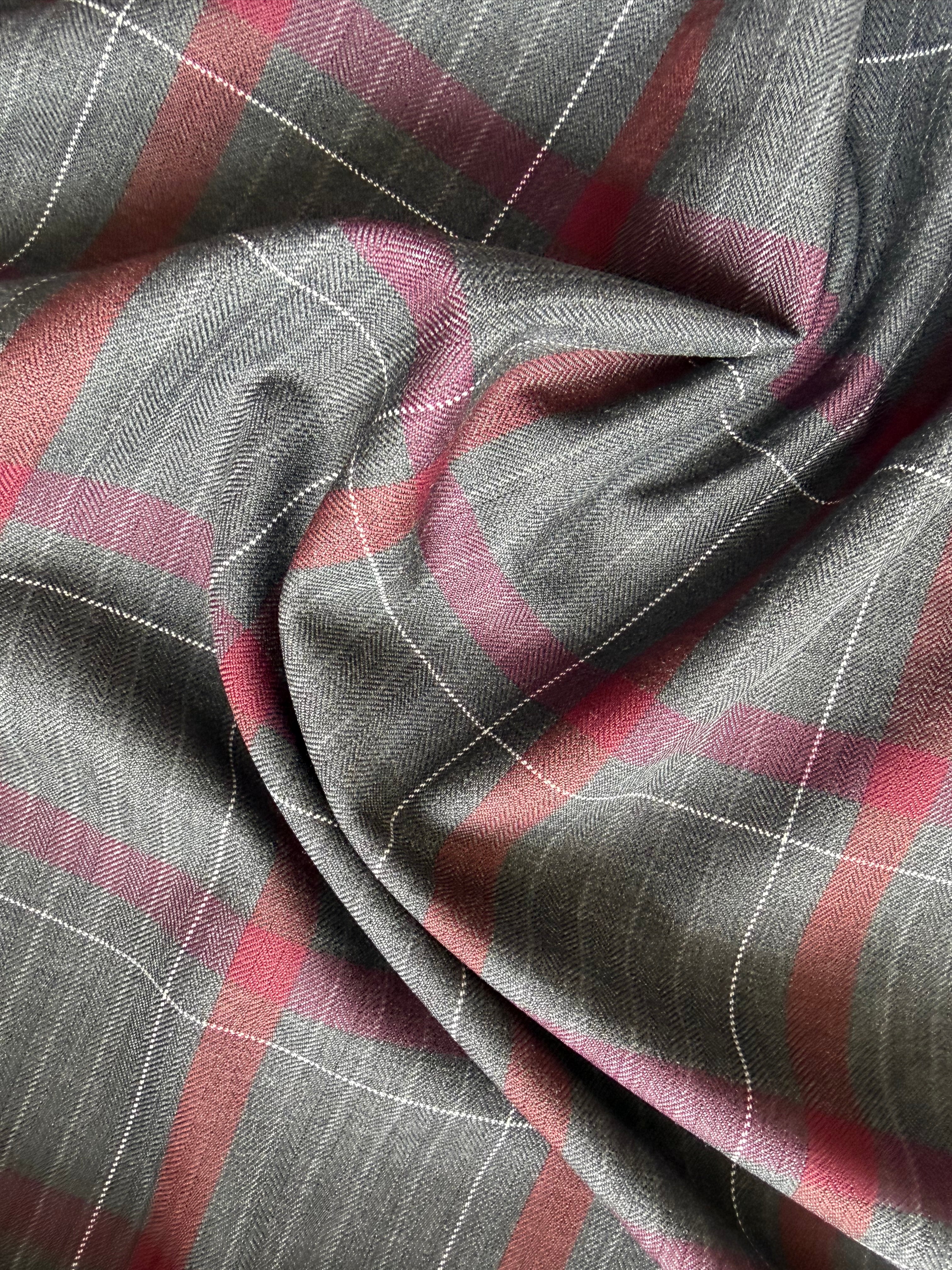 Charcoal Grey & Burgundy Wool Blend Tartan Fabric – 150cm Wide