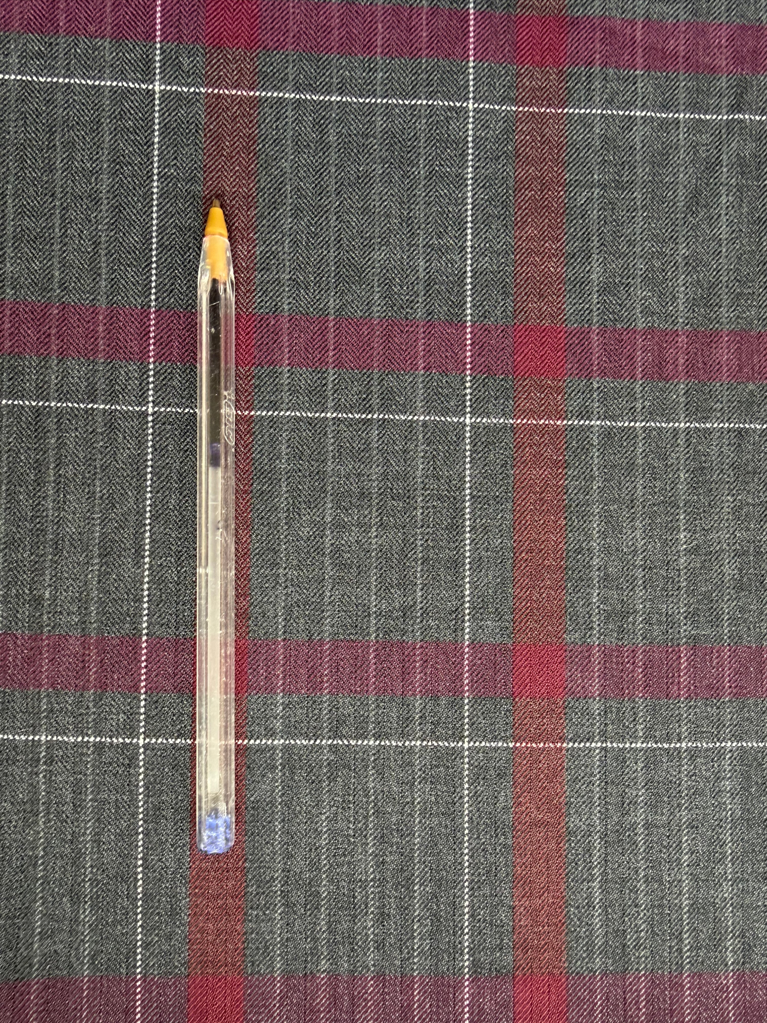Charcoal Grey & Burgundy Wool Blend Tartan Fabric – 150cm Wide