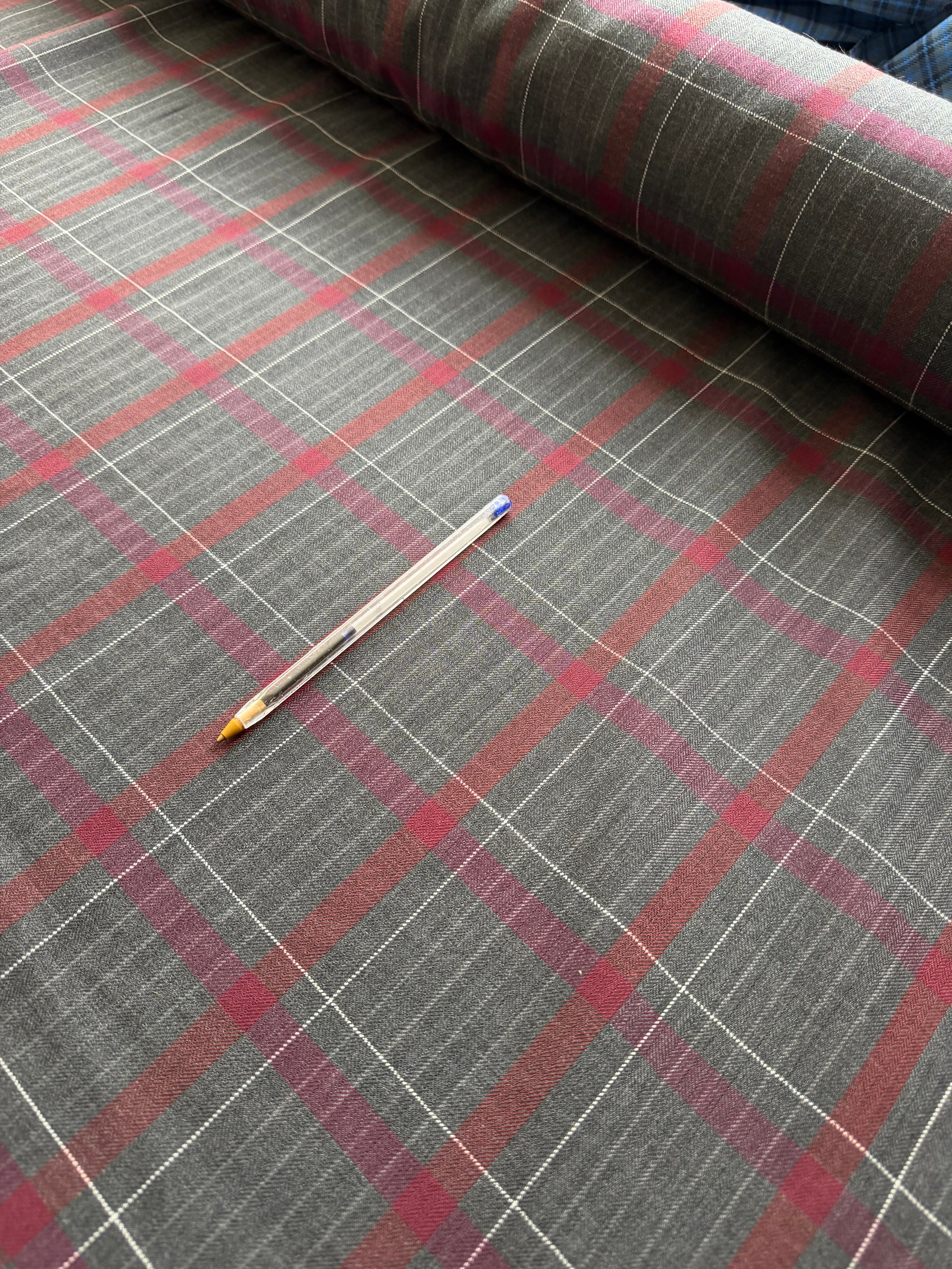 Charcoal Grey & Burgundy Wool Blend Tartan Fabric – 150cm Wide
