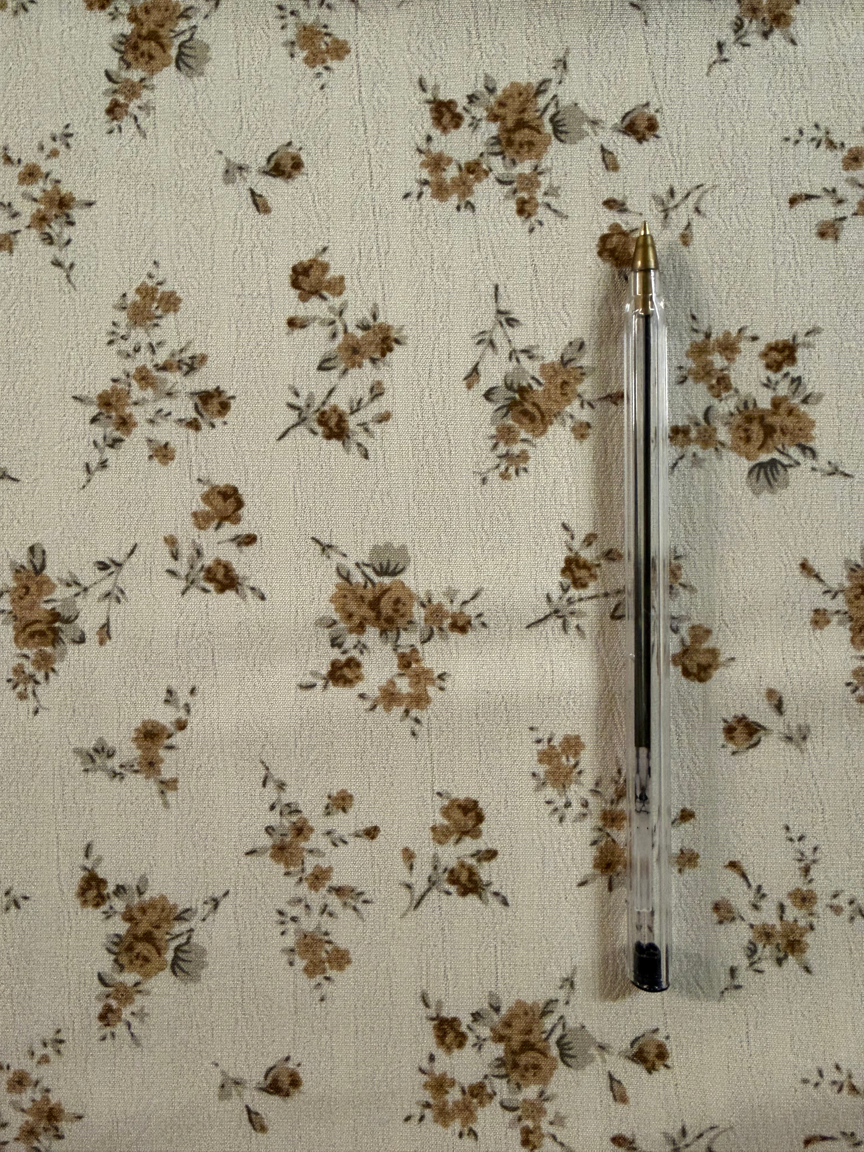 Brown Ditsy Floral Polyester Fabric – Ivory Crinkle Base