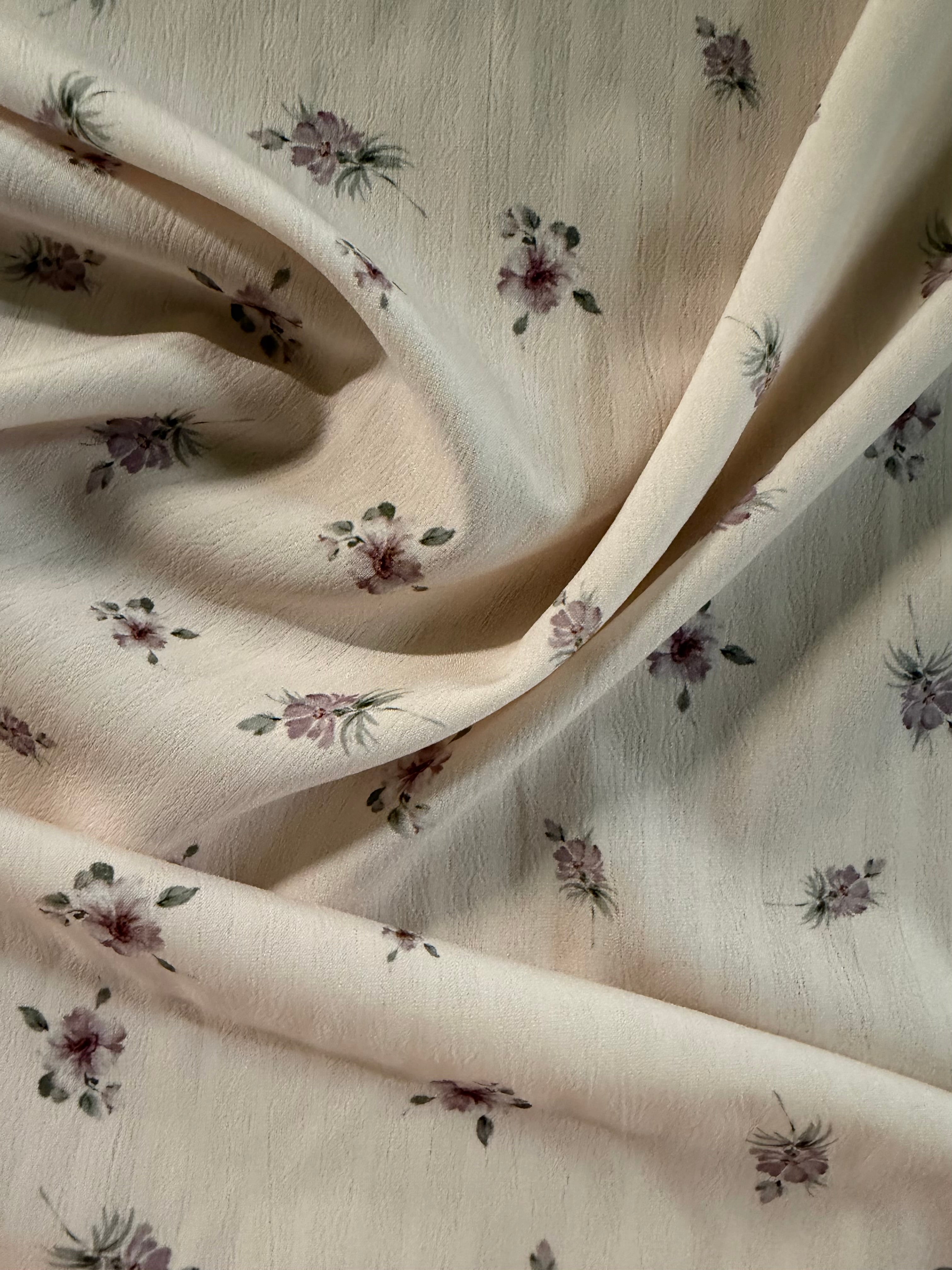Pink and Olive Ditsy Floral Polyester Fabric – Ivory Crinkle Base