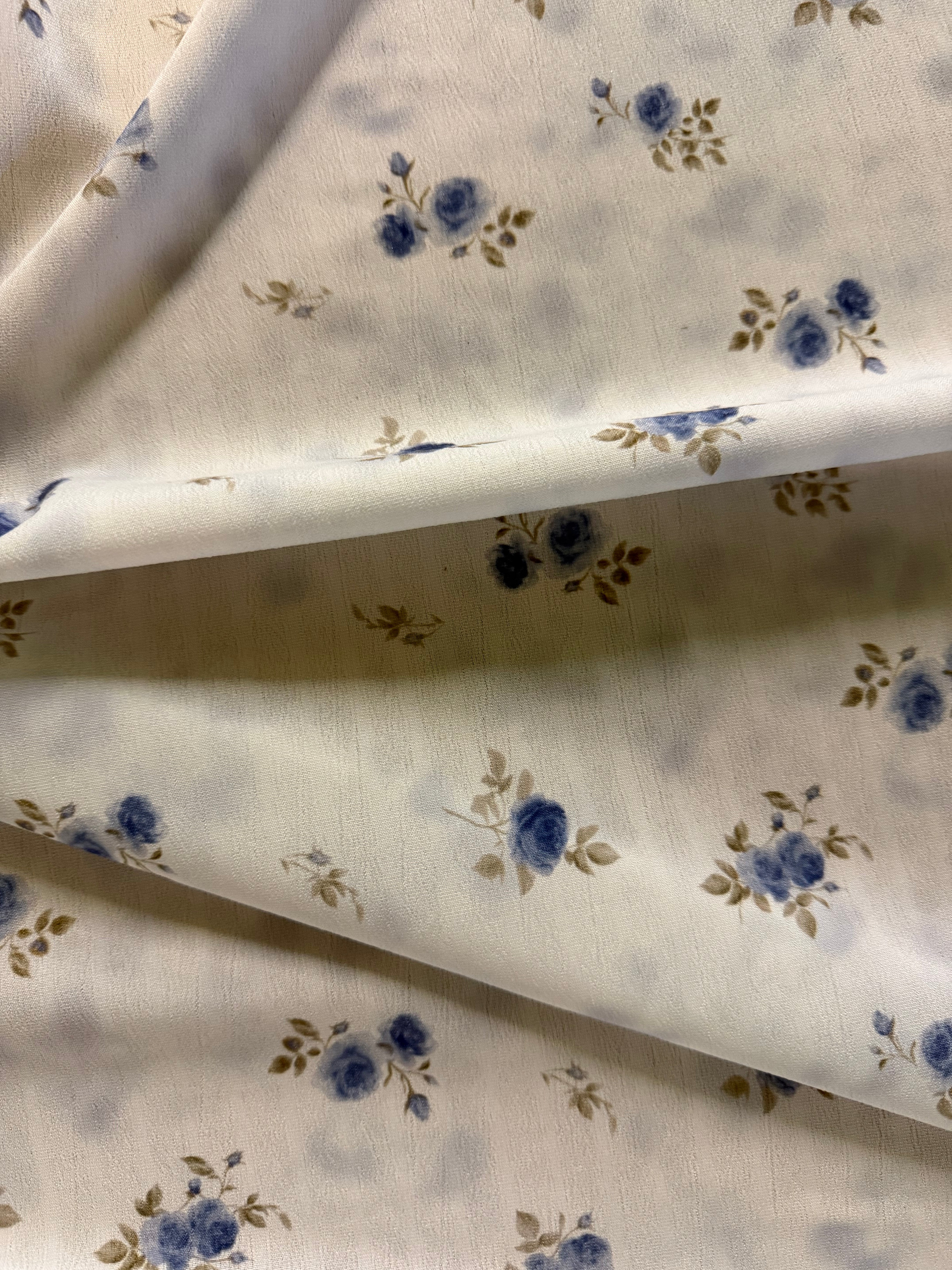 Blue and Olive Ditsy Floral Polyester Fabric – Ivory Crinkle Base