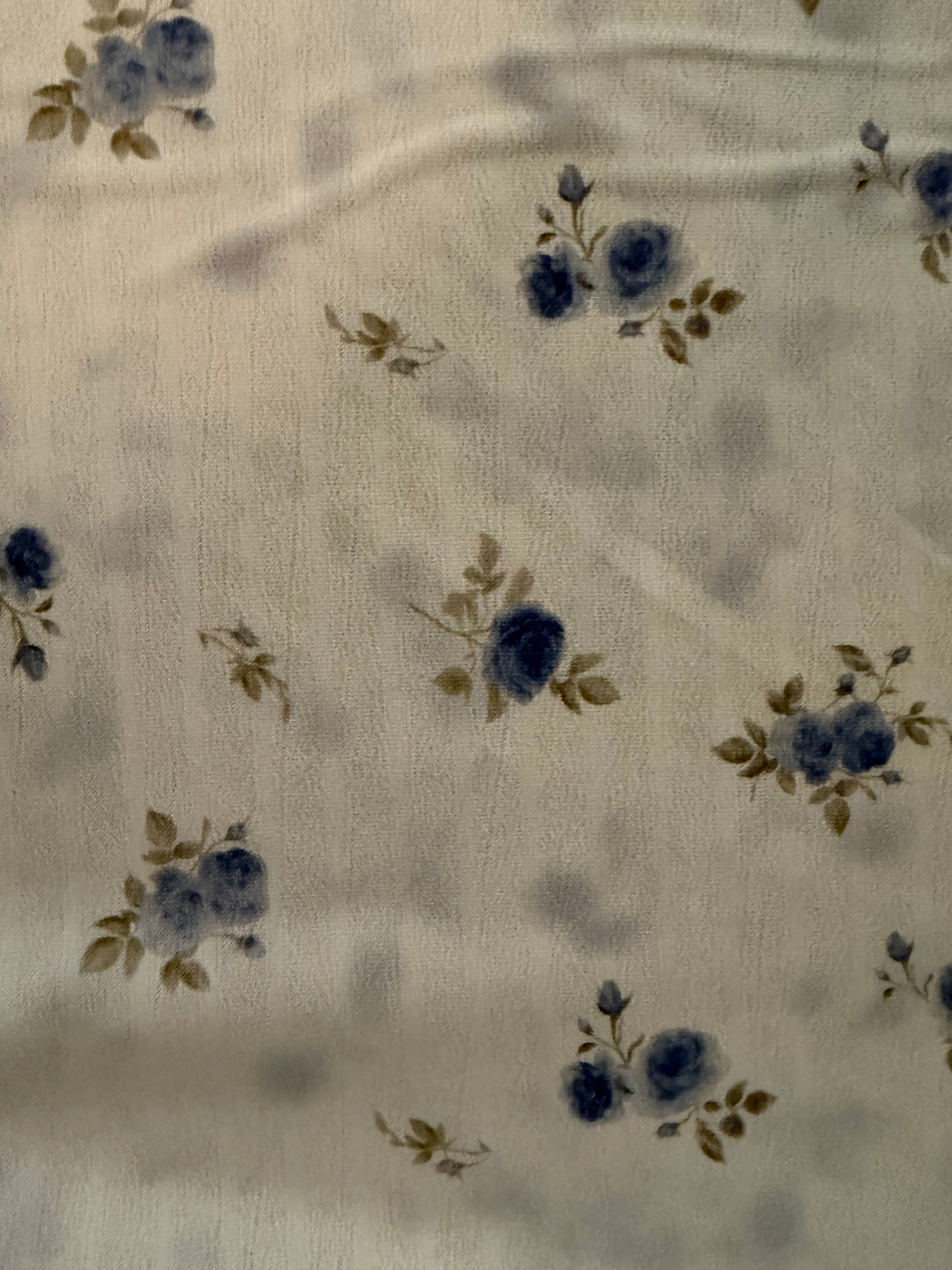 Blue and Olive Ditsy Floral Polyester Fabric – Ivory Crinkle Base