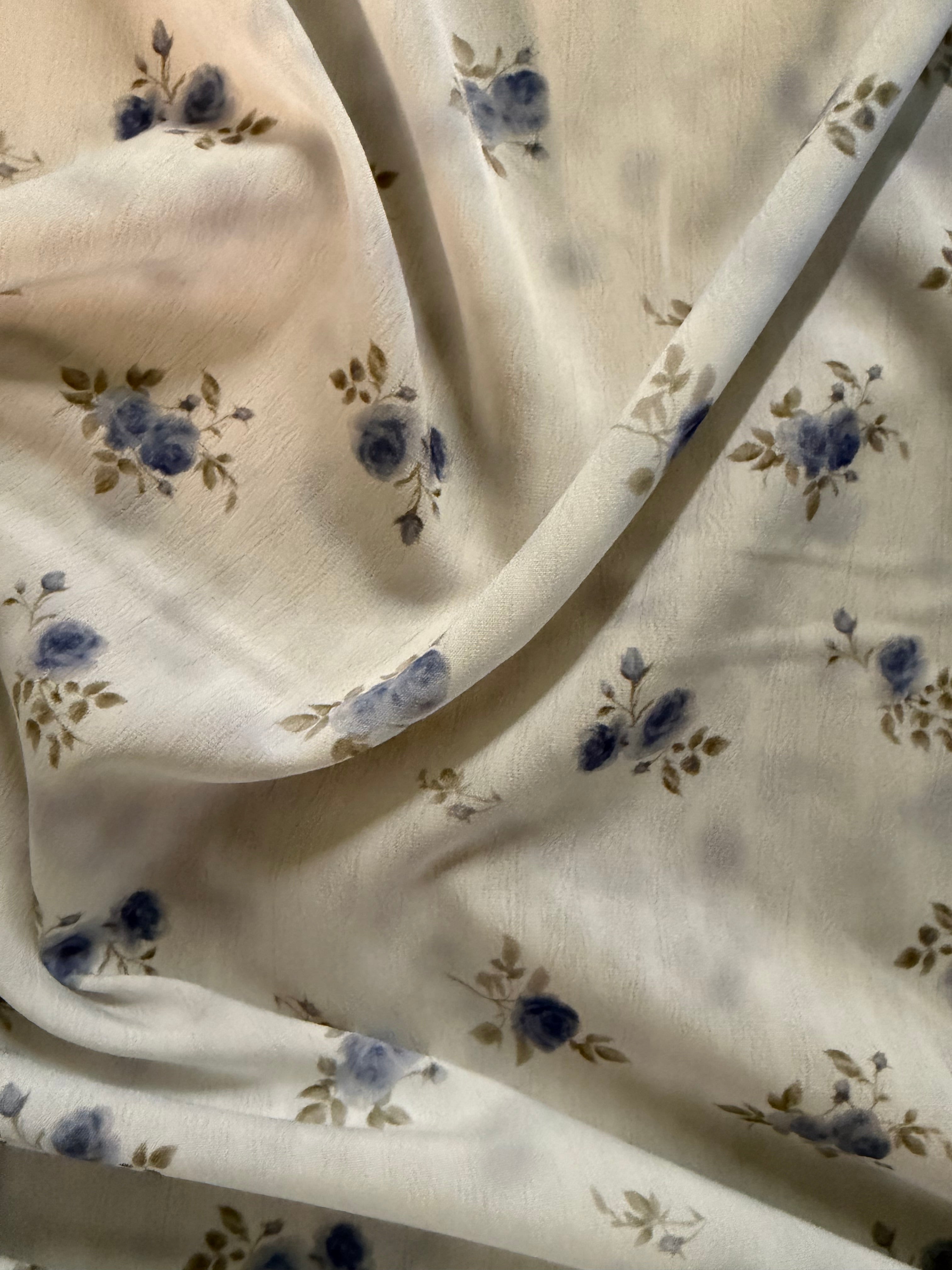Blue and Olive Ditsy Floral Polyester Fabric – Ivory Crinkle Base
