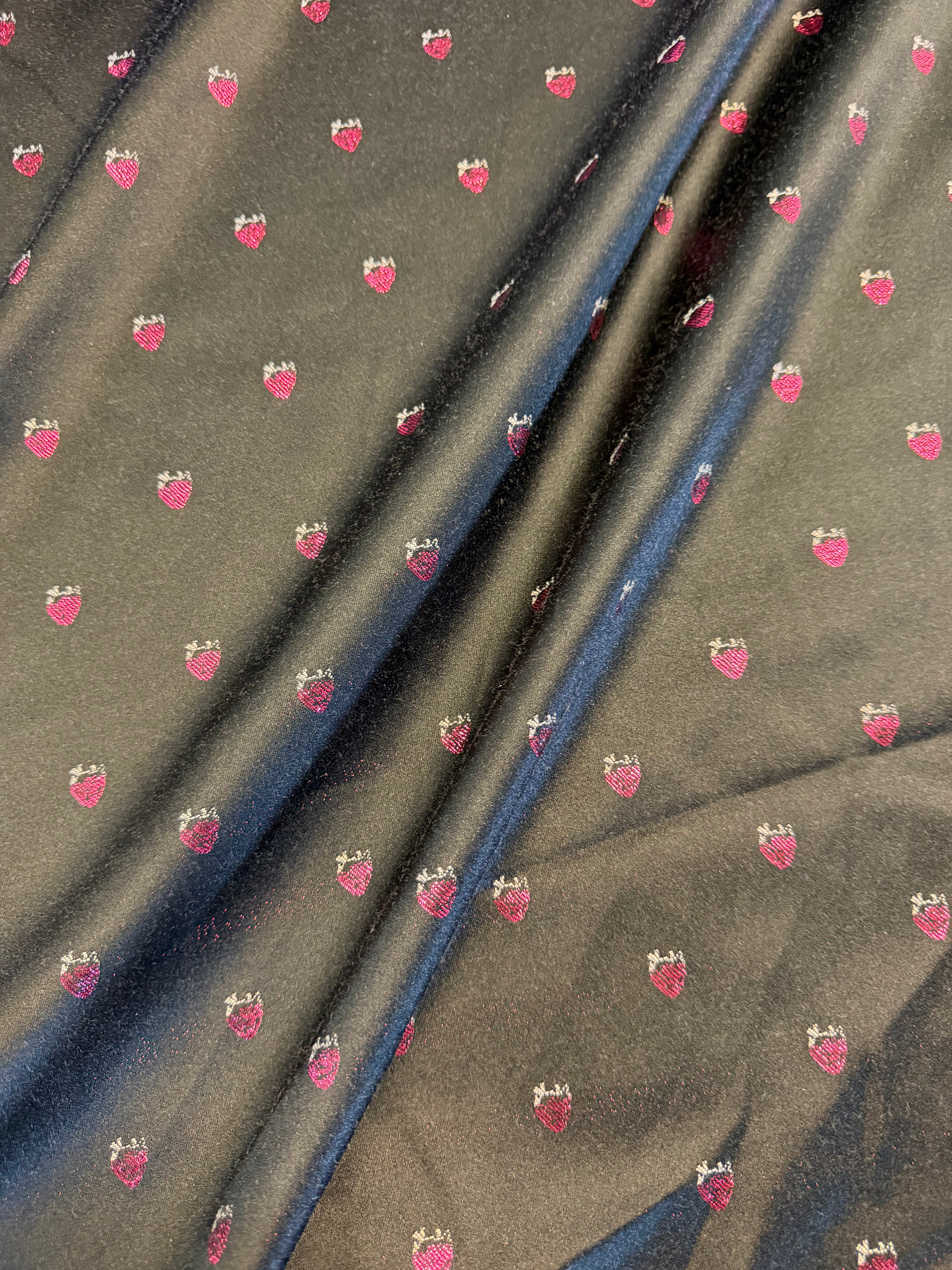 Italian Black Strawberry Jacquard Satin Fabric – Polyester Cotton Blend – 129 cm Wide