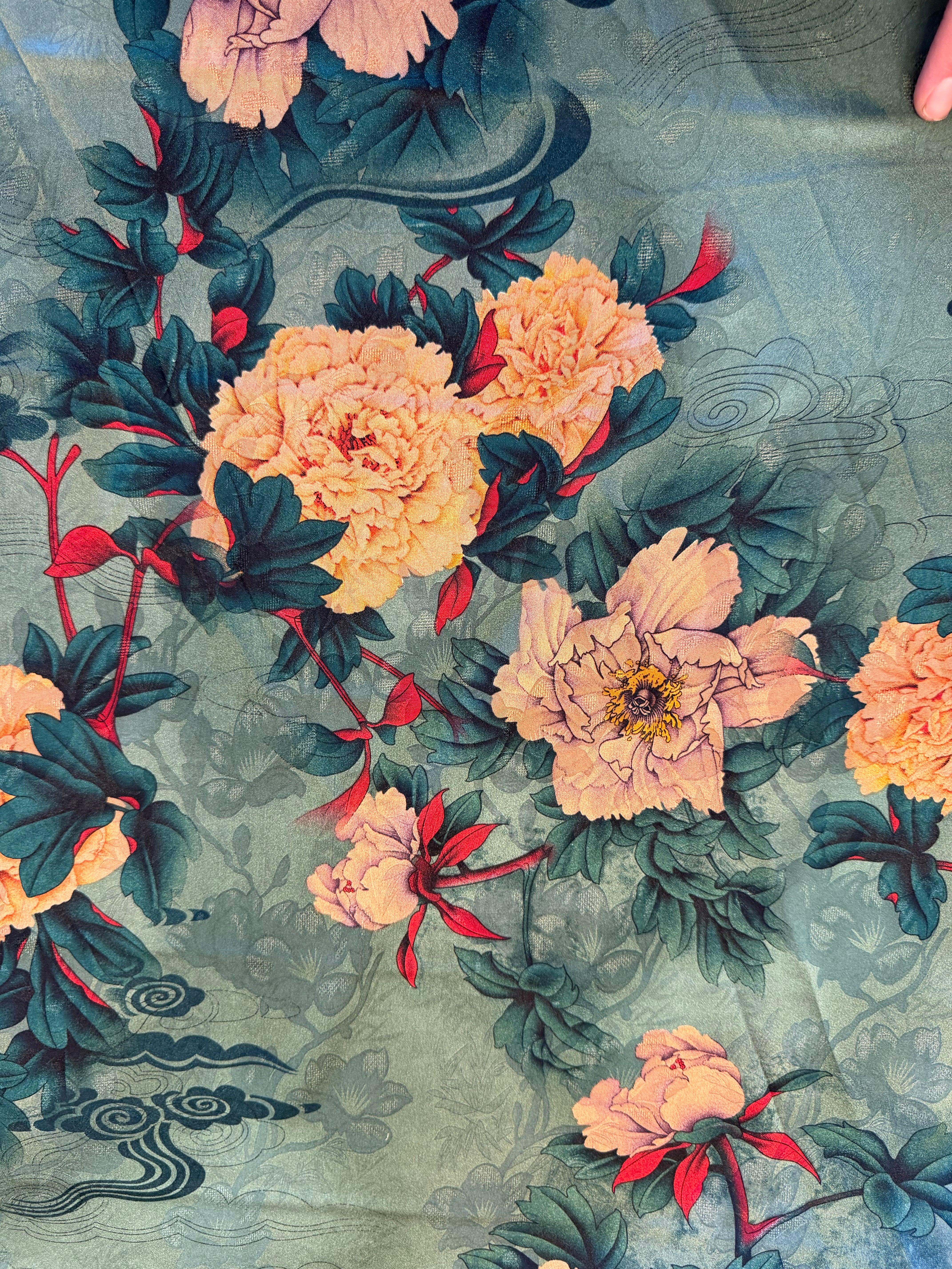 Green Large Floral Printed Polyester Fabric – Amber & Red Floral Design – 154 cm Wide