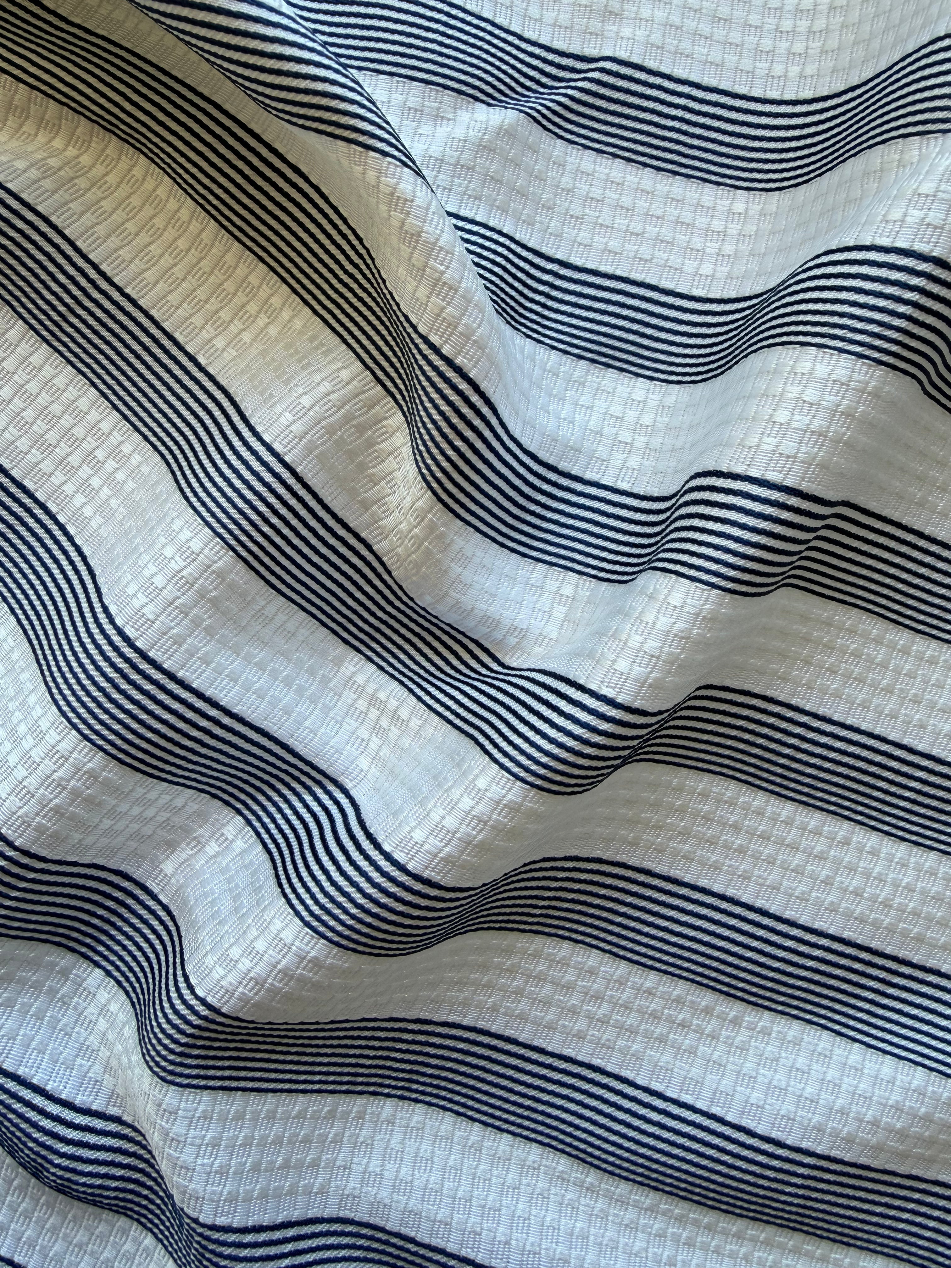 White Textured Fabric with Navy Stripes – 130 cm Wide, German Woven